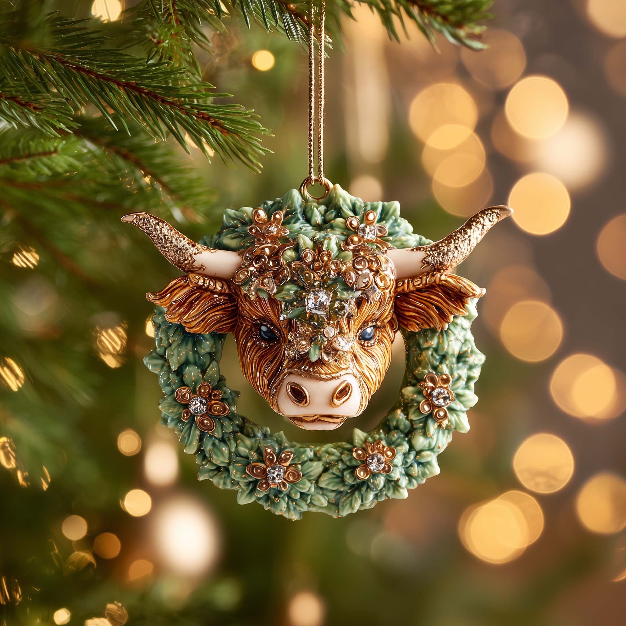 Highland Cow in a Festive Wreath Christmas Ornament
