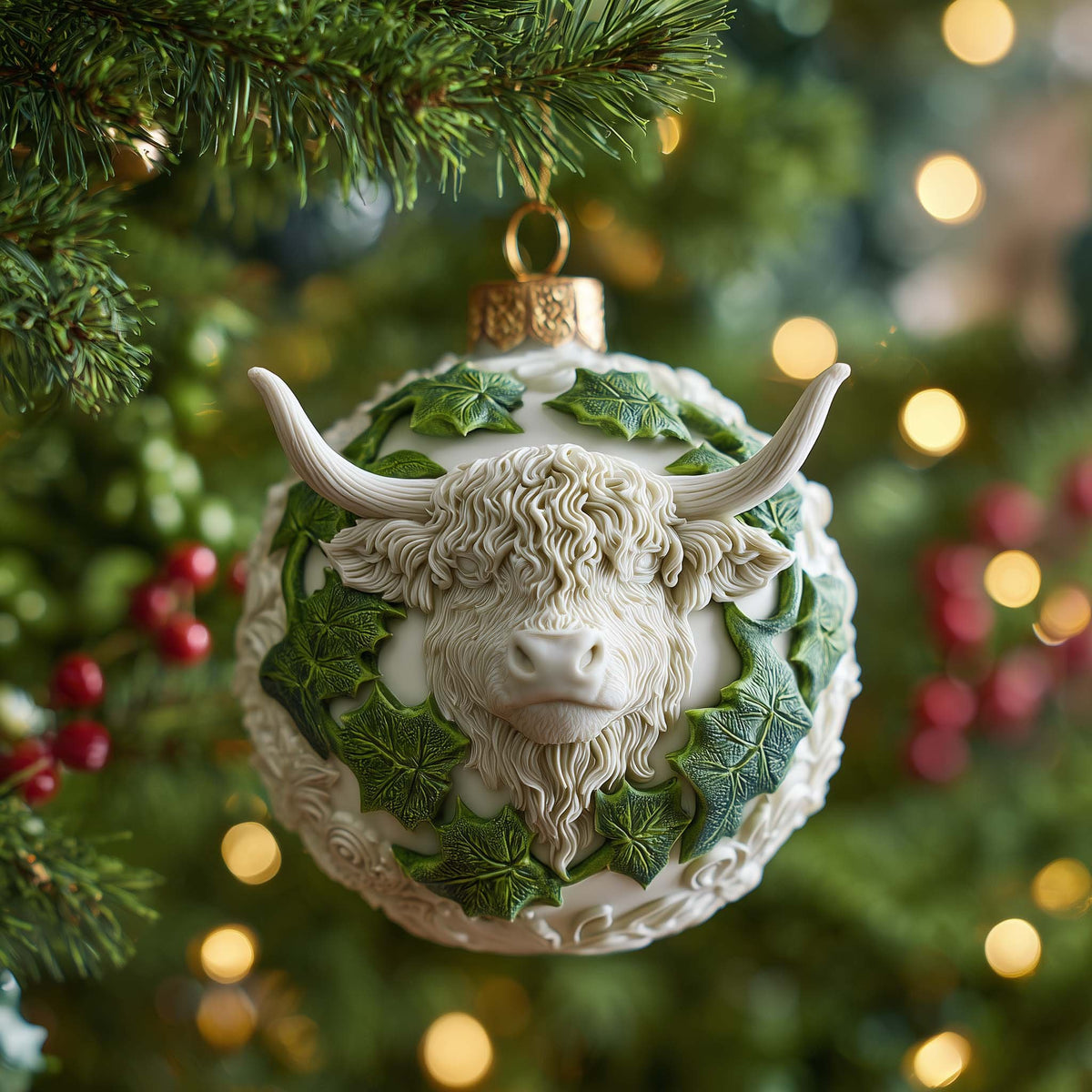 Highland Bull Ivy Cameo Christmas Ornament