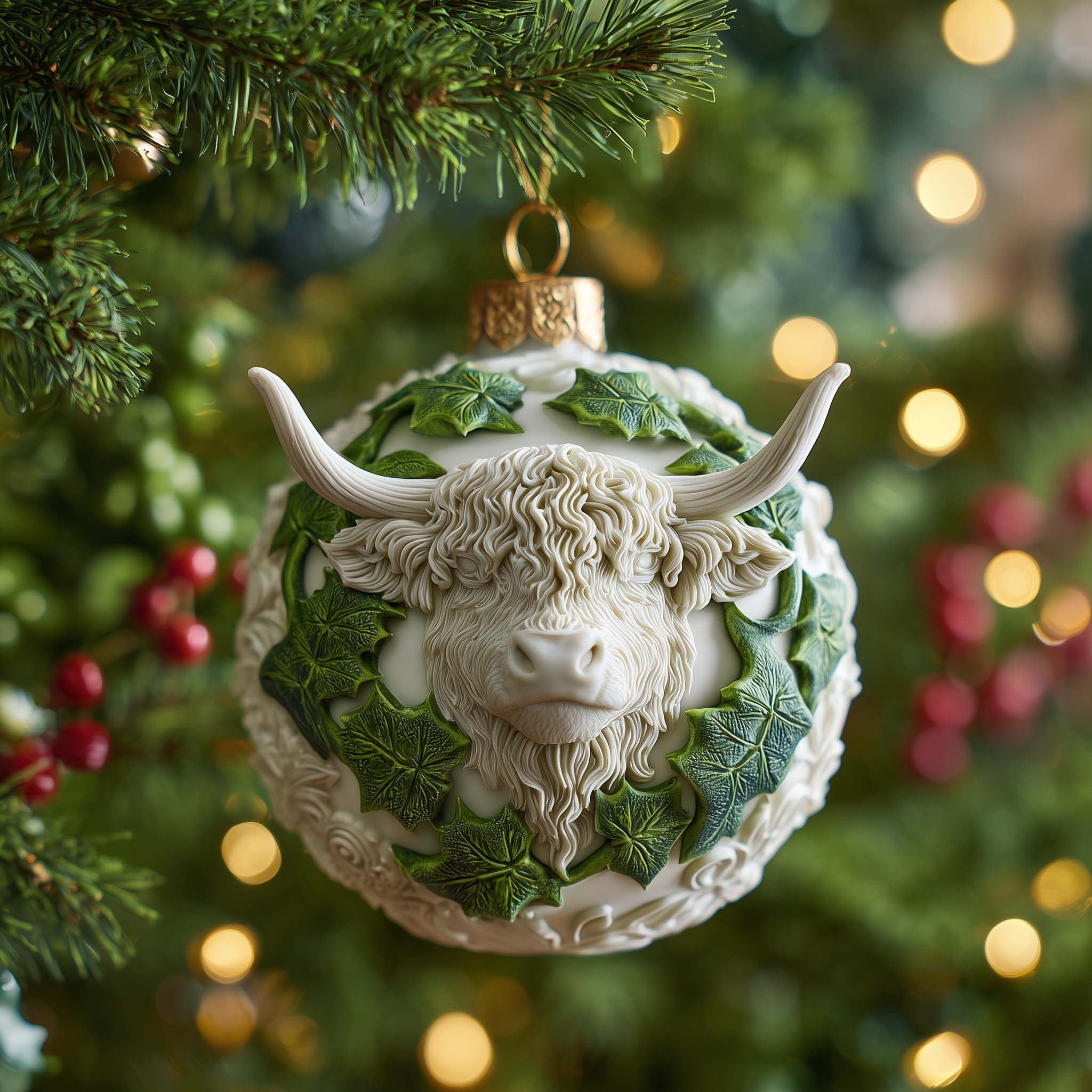 Highland Bull Ivy Cameo Christmas Ornament