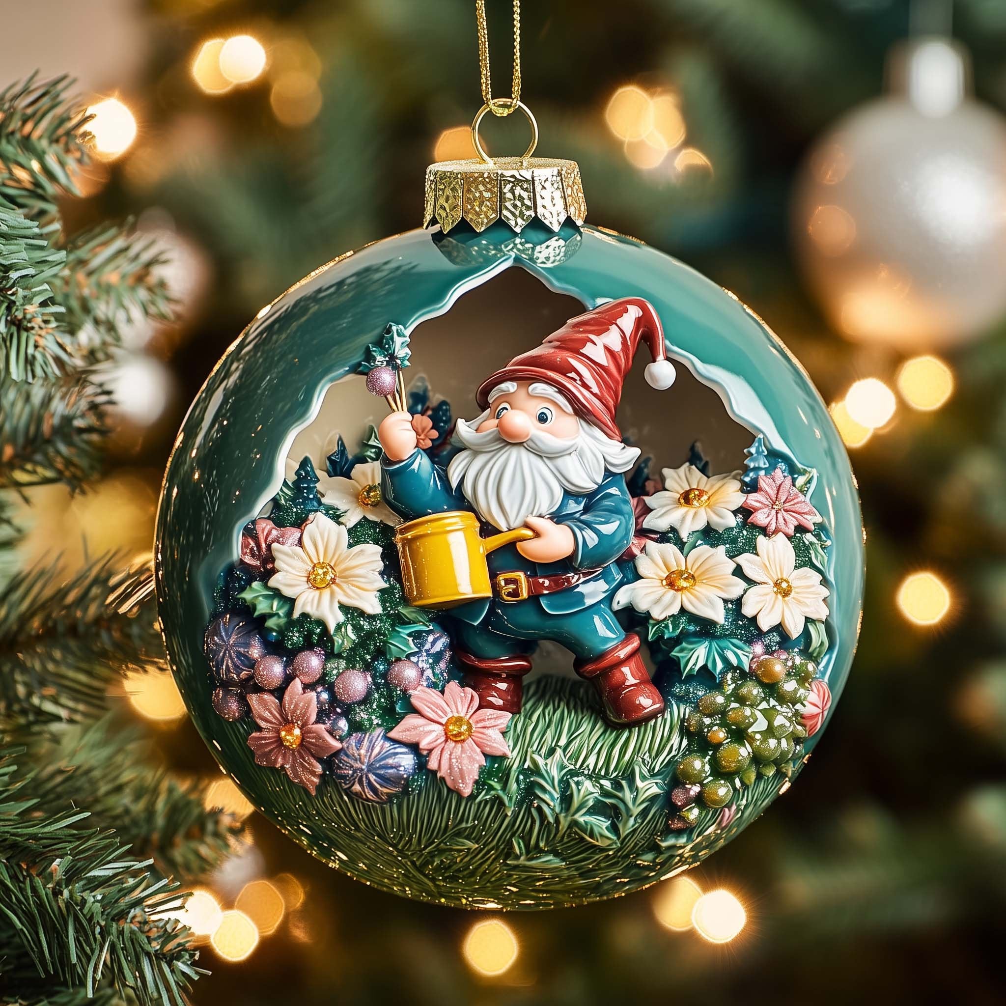 Gnome Watering His Flower Garden Christmas Ornament