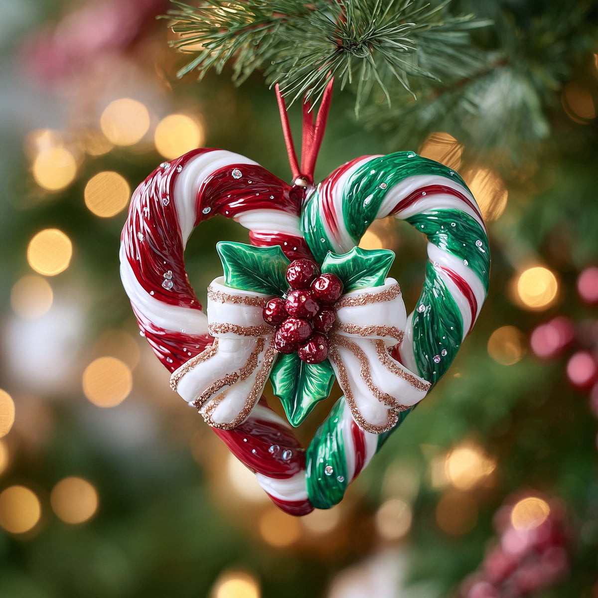 Candy Cane Heart with Holly Christmas Ornament