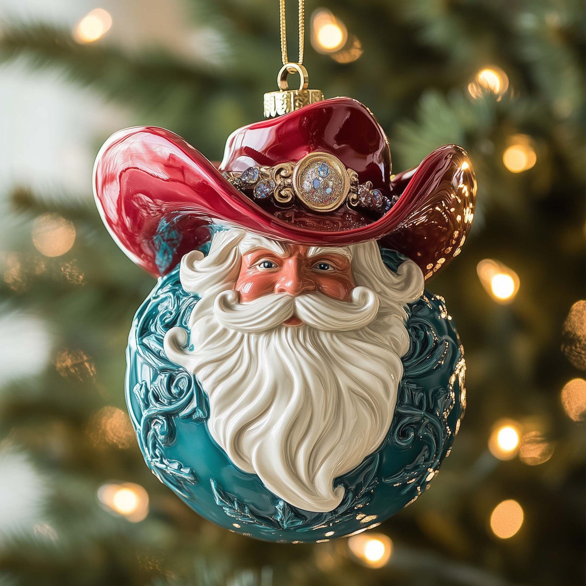 Cowboy Santa in a Red Hat Christmas Ornament