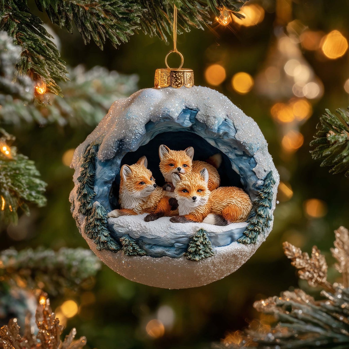 Fox Kits in a Snow Den Christmas Ornament