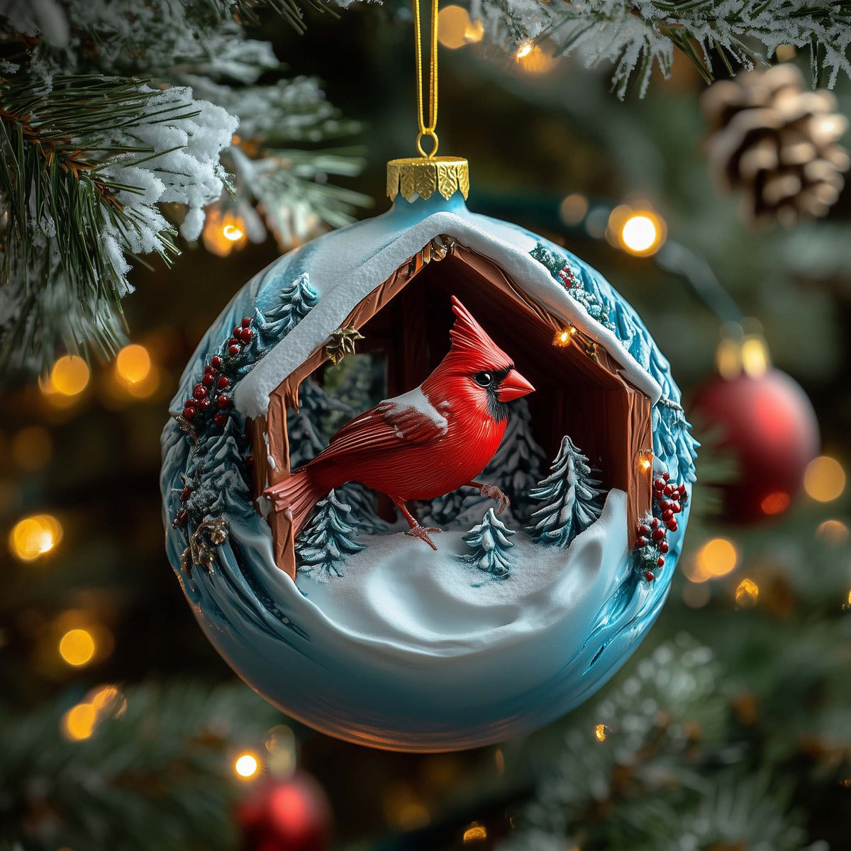 Cabin Cardinal Christmas Ornament