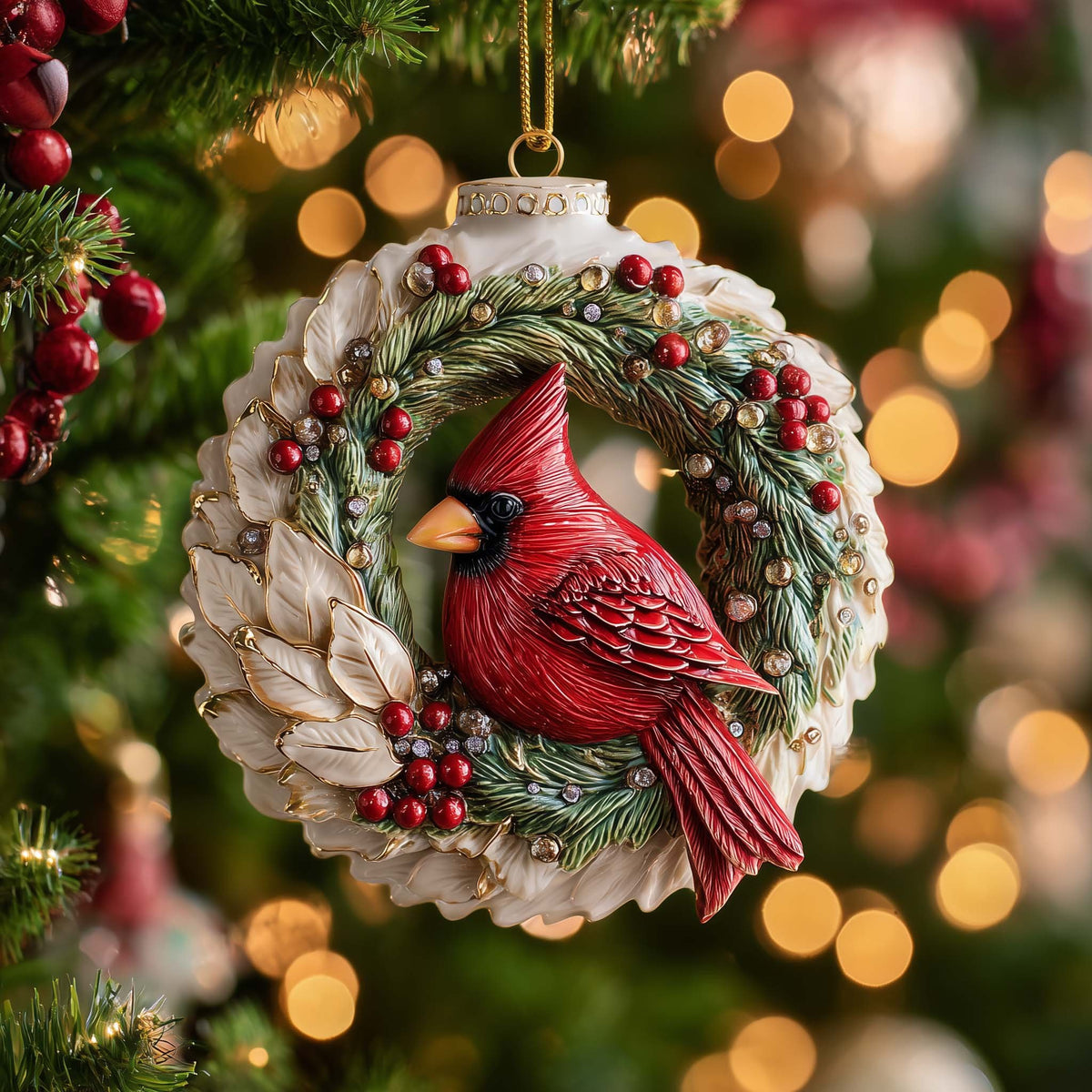 Cardinal in a Berry Wreath Christmas Ornament