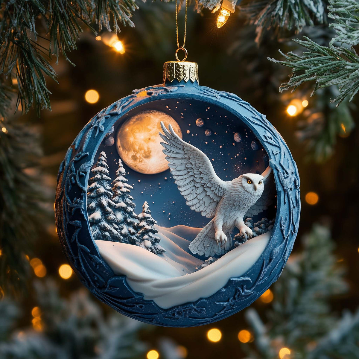 Snowy Owl over the Winter Moon Christmas Ornament
