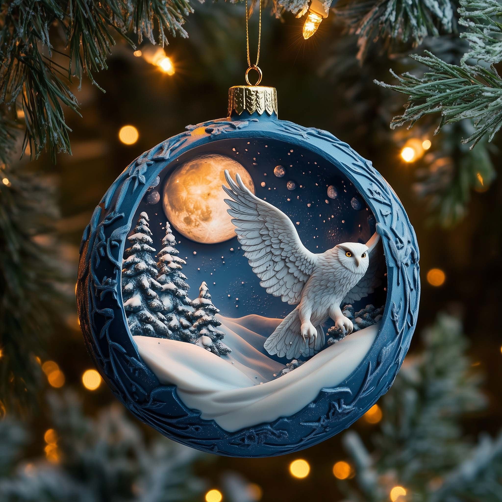 Snowy Owl over the Winter Moon Christmas Ornament