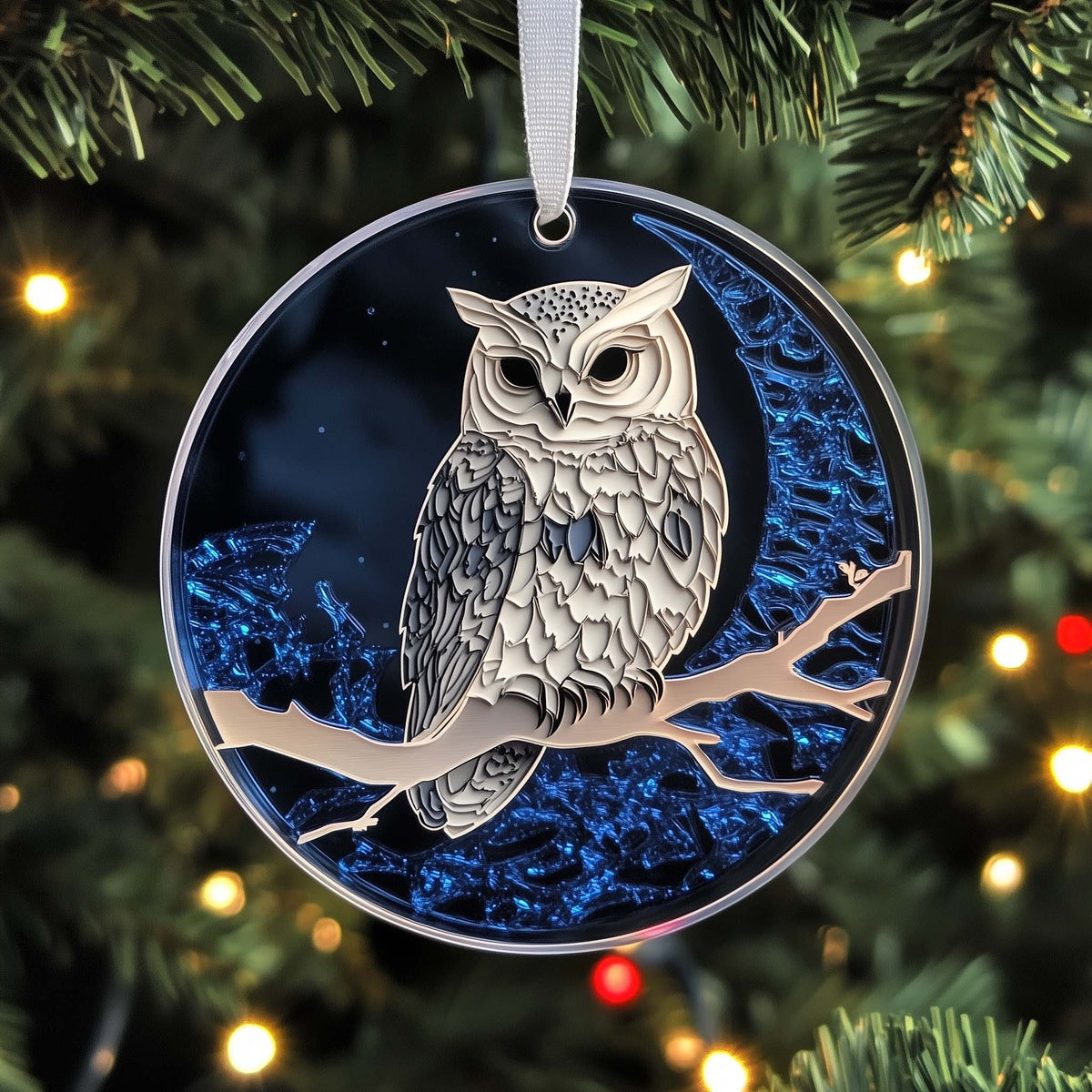 White Owl on a Midnight Branch Christmas Ornament