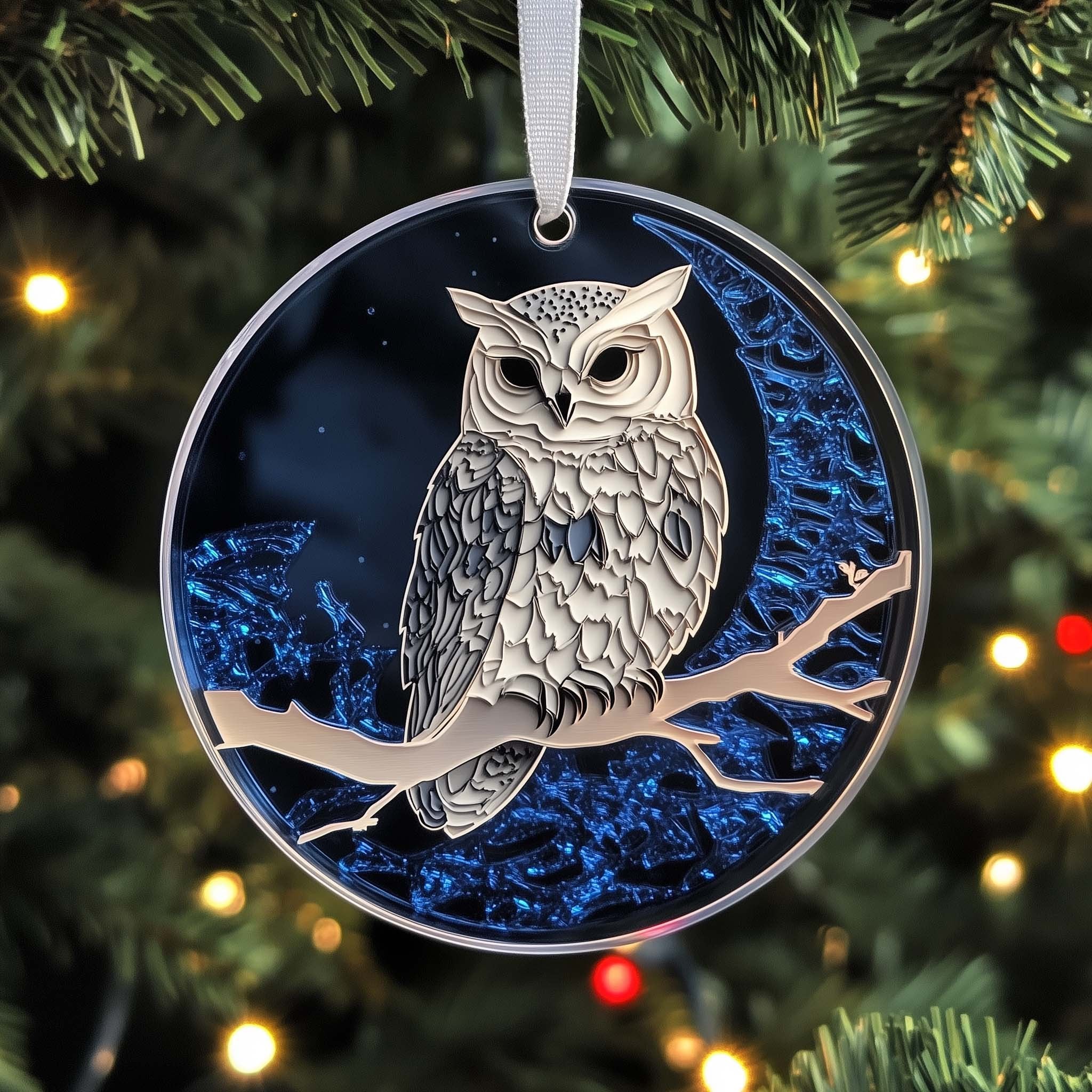 White Owl on a Midnight Branch Christmas Ornament