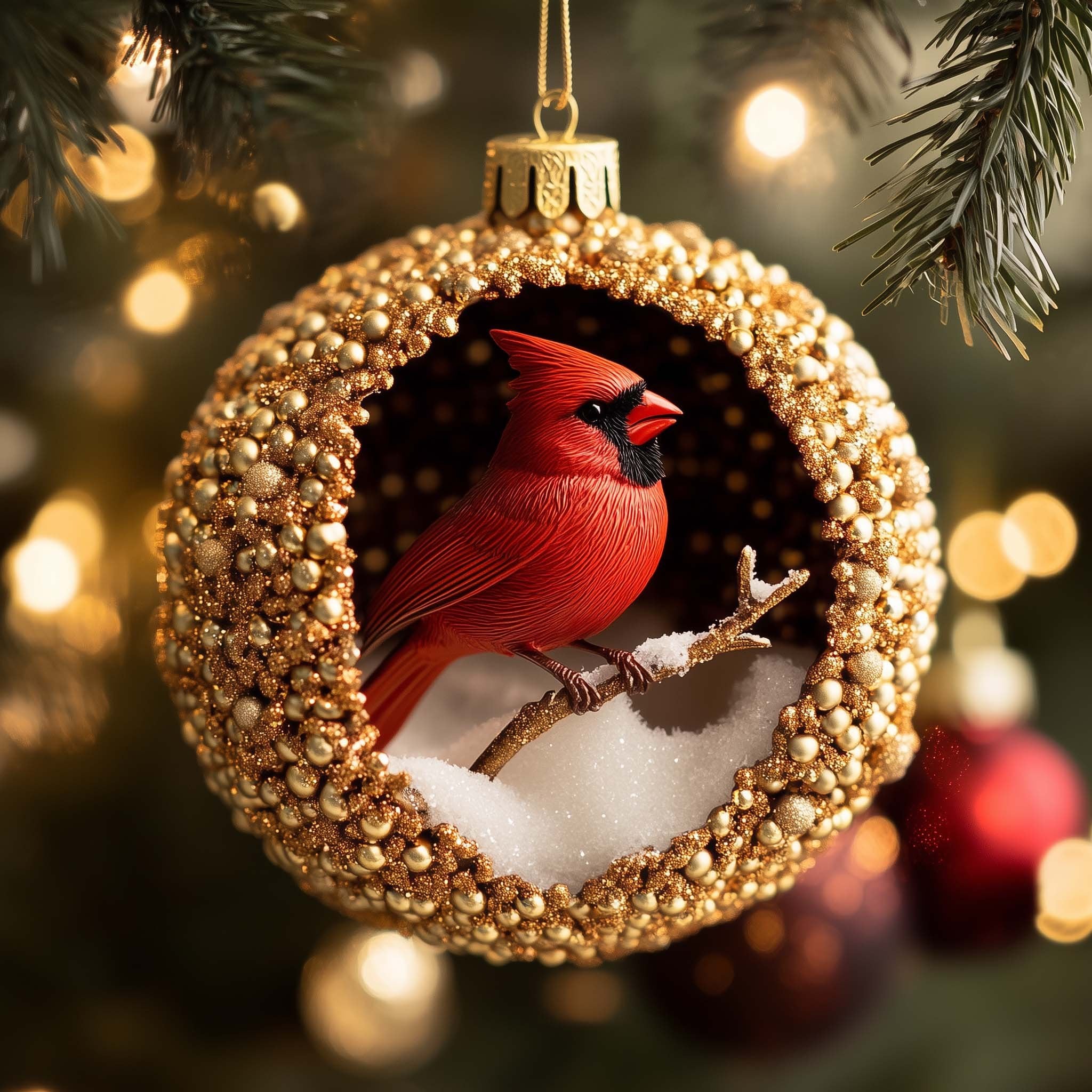 Cardinal in a Golden Beaded Nest Christmas Ornament