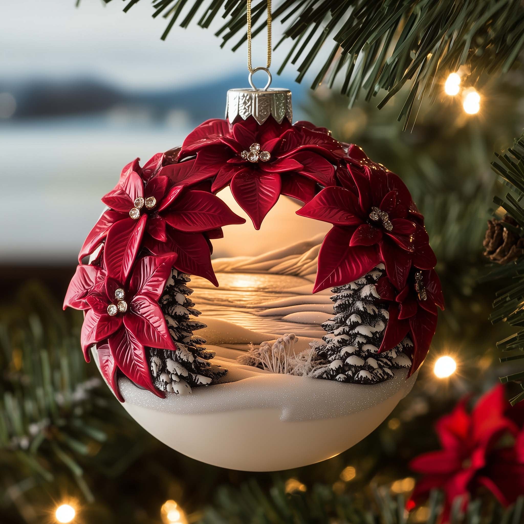 Poinsettia Scene Christmas Ornament