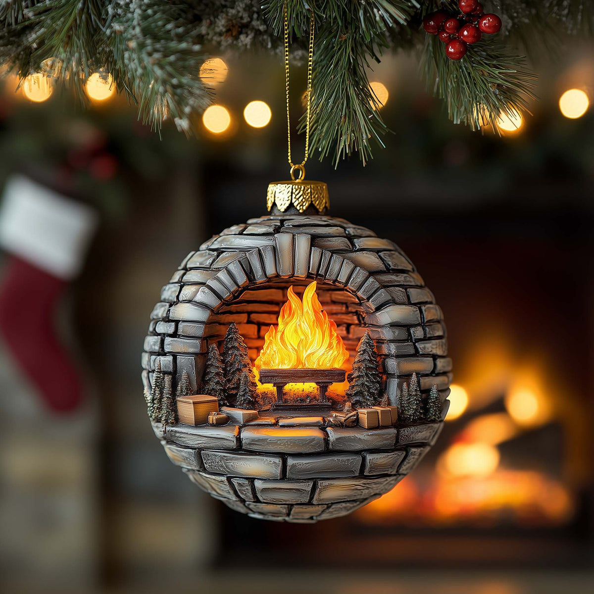 Stone Fireplace Christmas Ornament