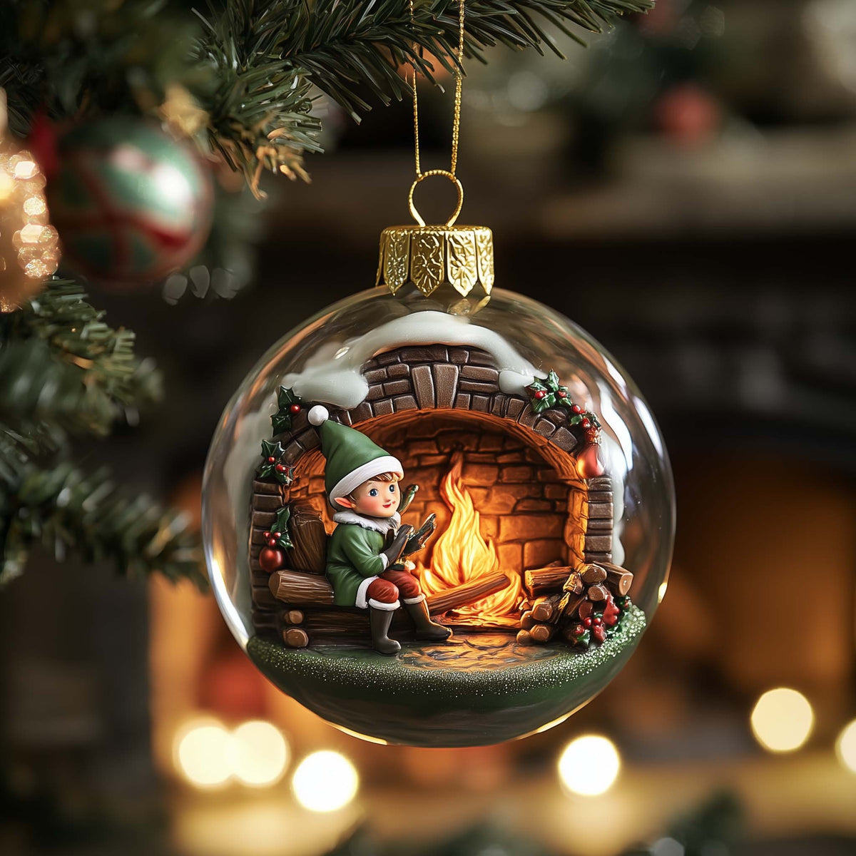 Fireplace Elf Christmas Ornament