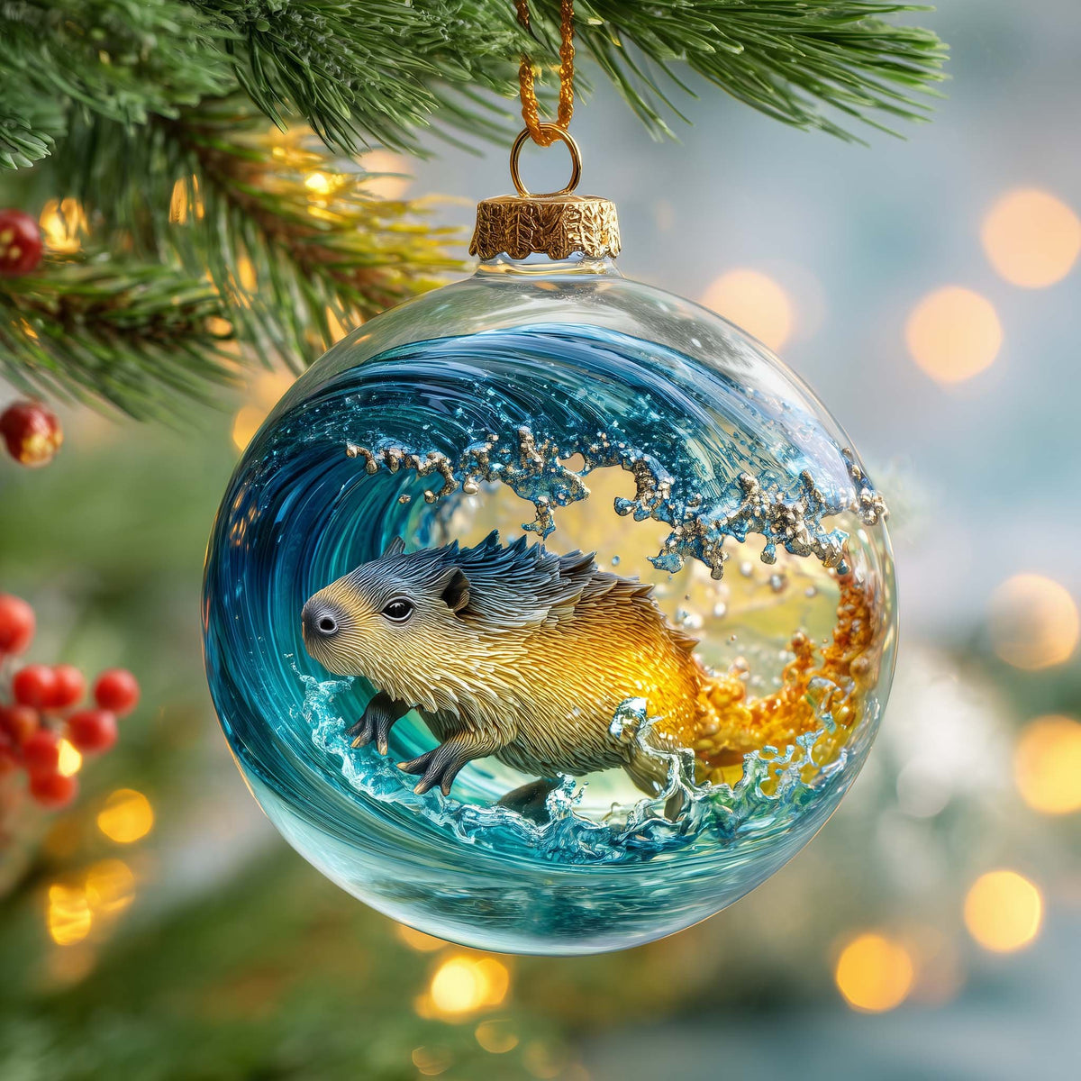 Surfing Capybara Christmas Ornament