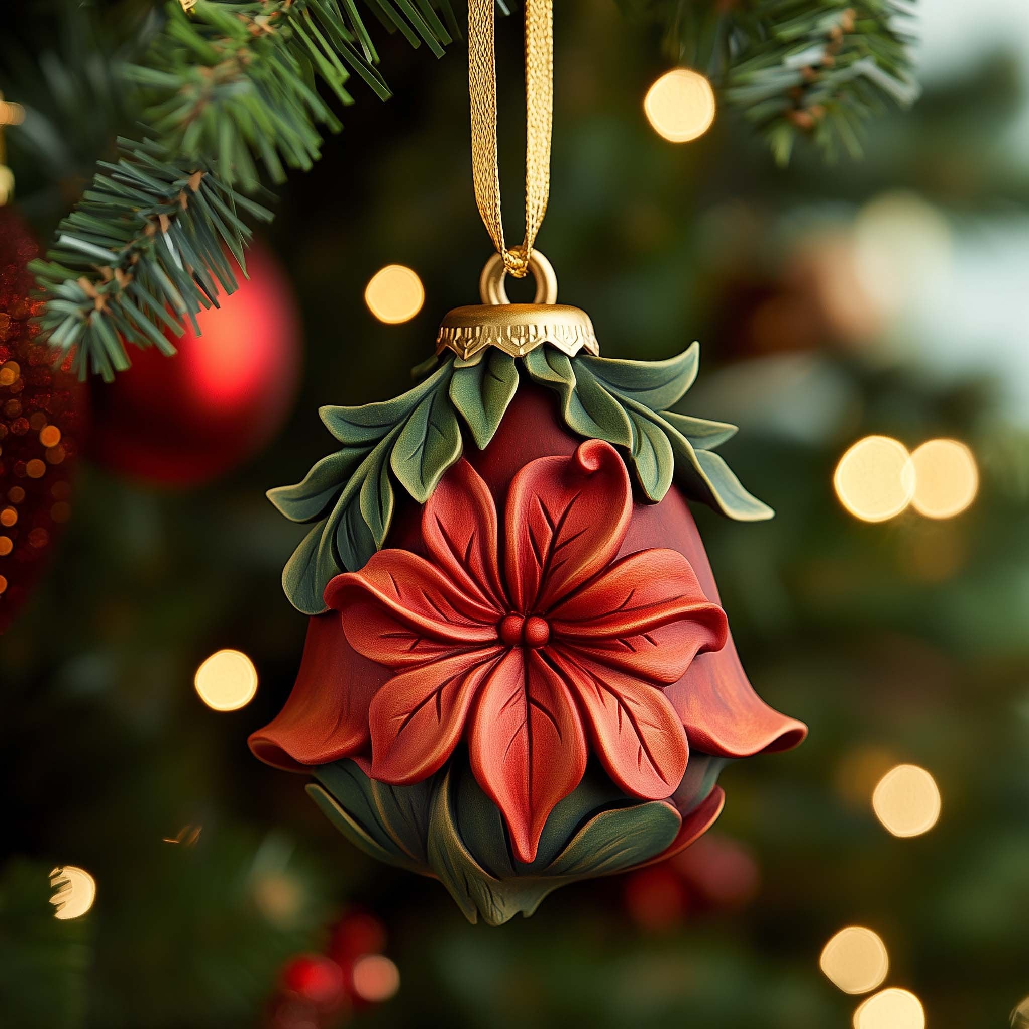 Poinsettia Bell Christmas Ornament