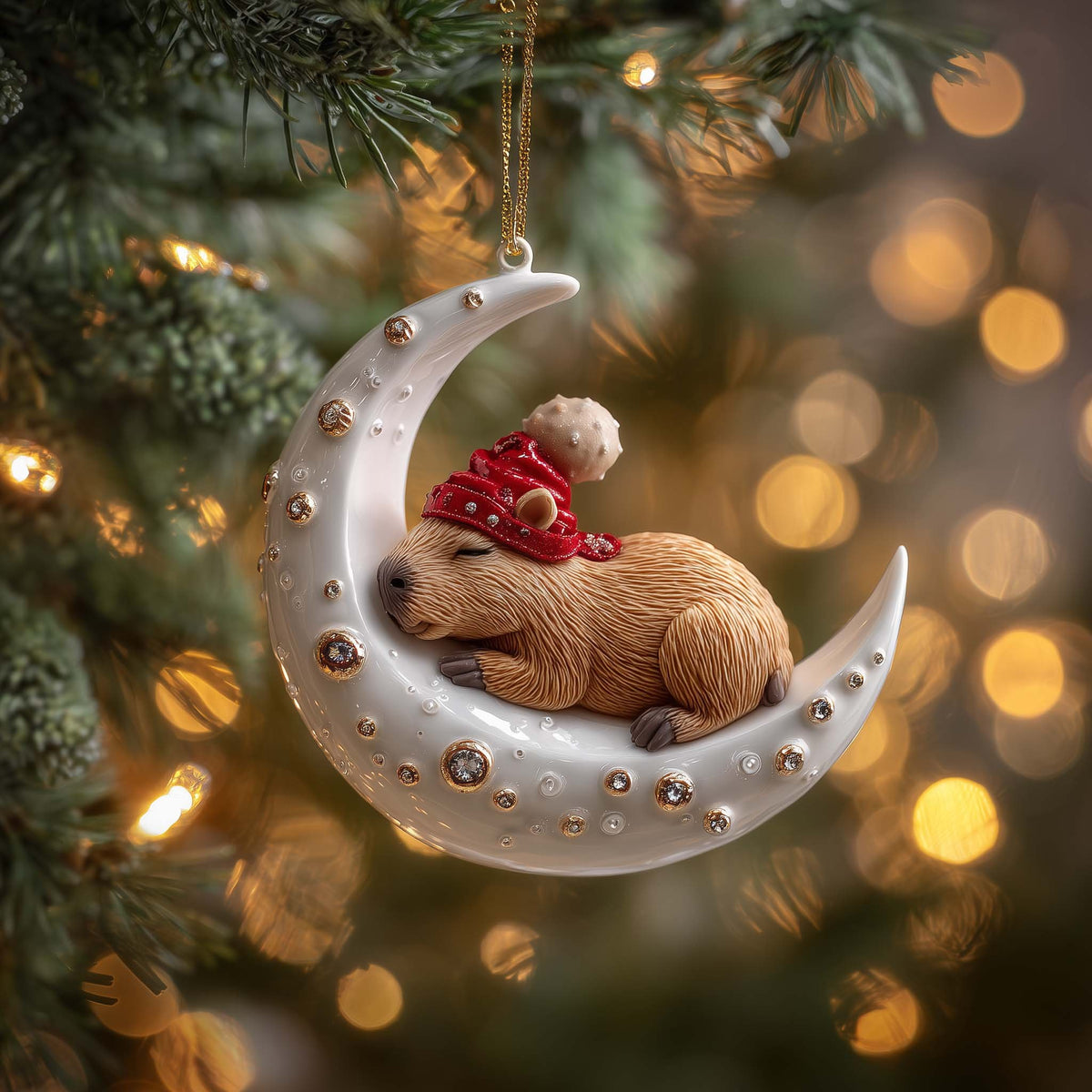 Moon Capybara Christmas Ornament