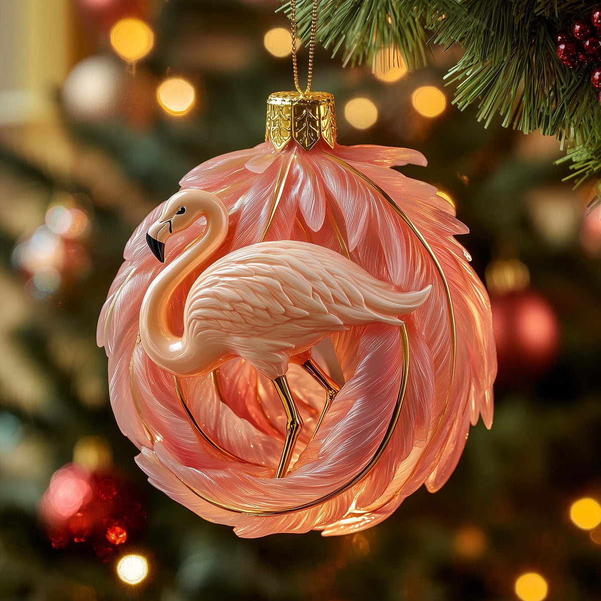 Pink Flamingo Feather Bauble Christmas Ornament