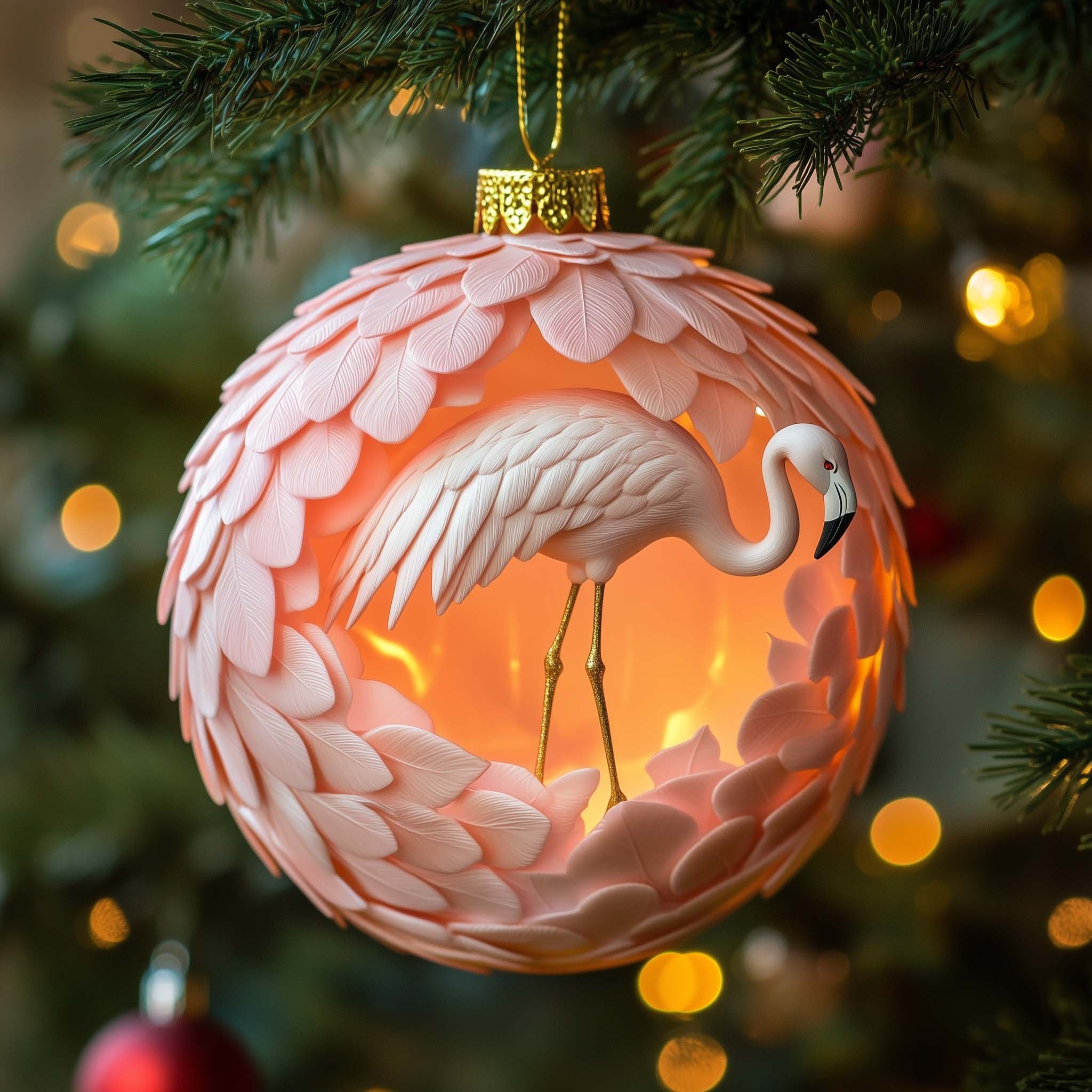Flamingo in a Peach Feather Globe Christmas Ornament
