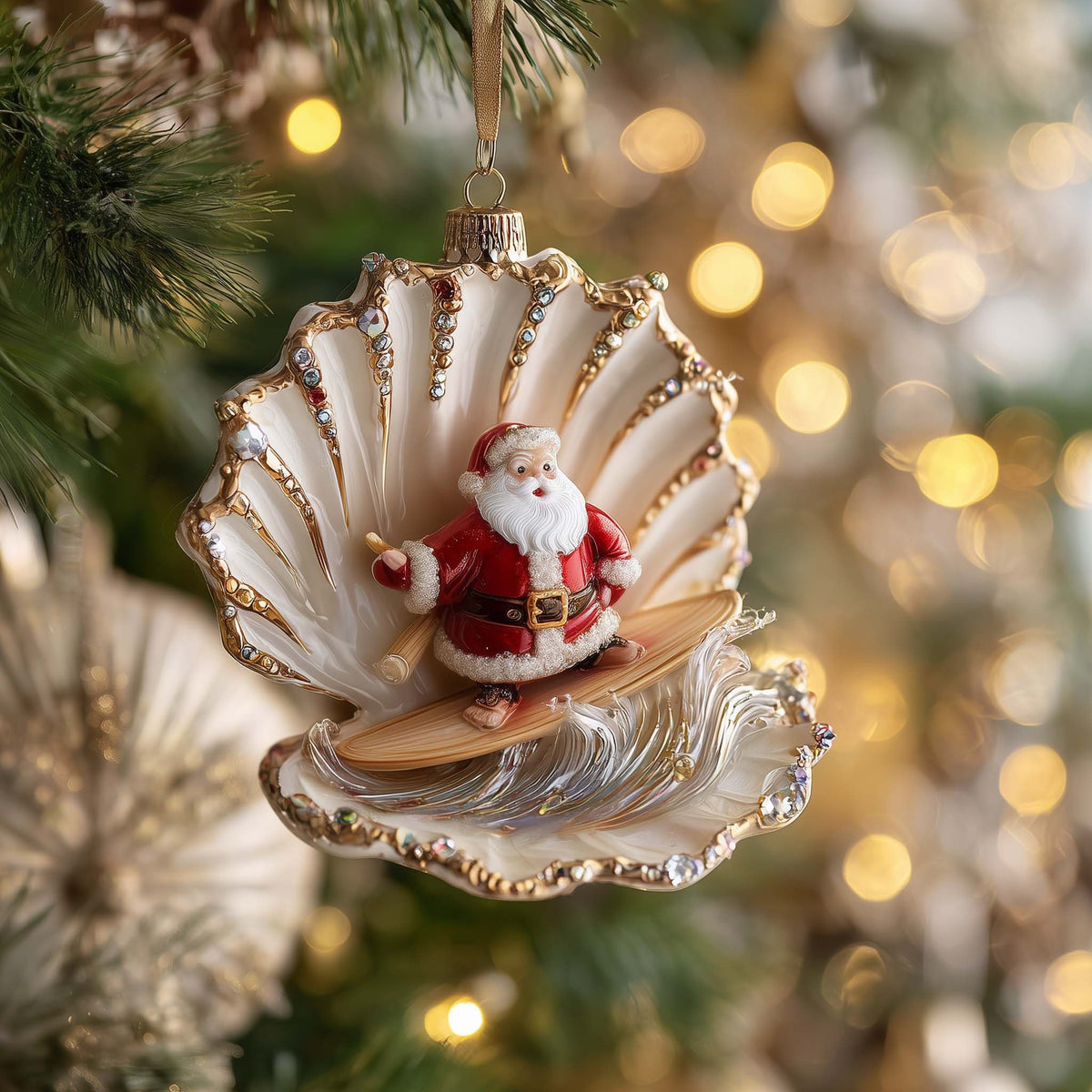 Santa Surfing a Seashell Christmas Ornament