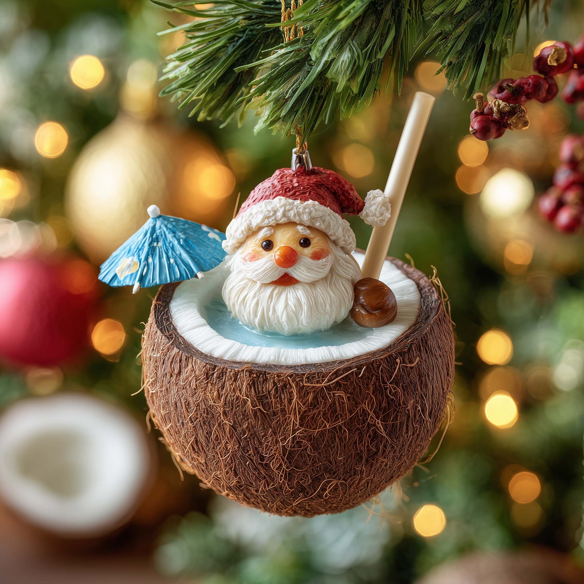 Santa in a Coconut Cocktail Christmas Ornament