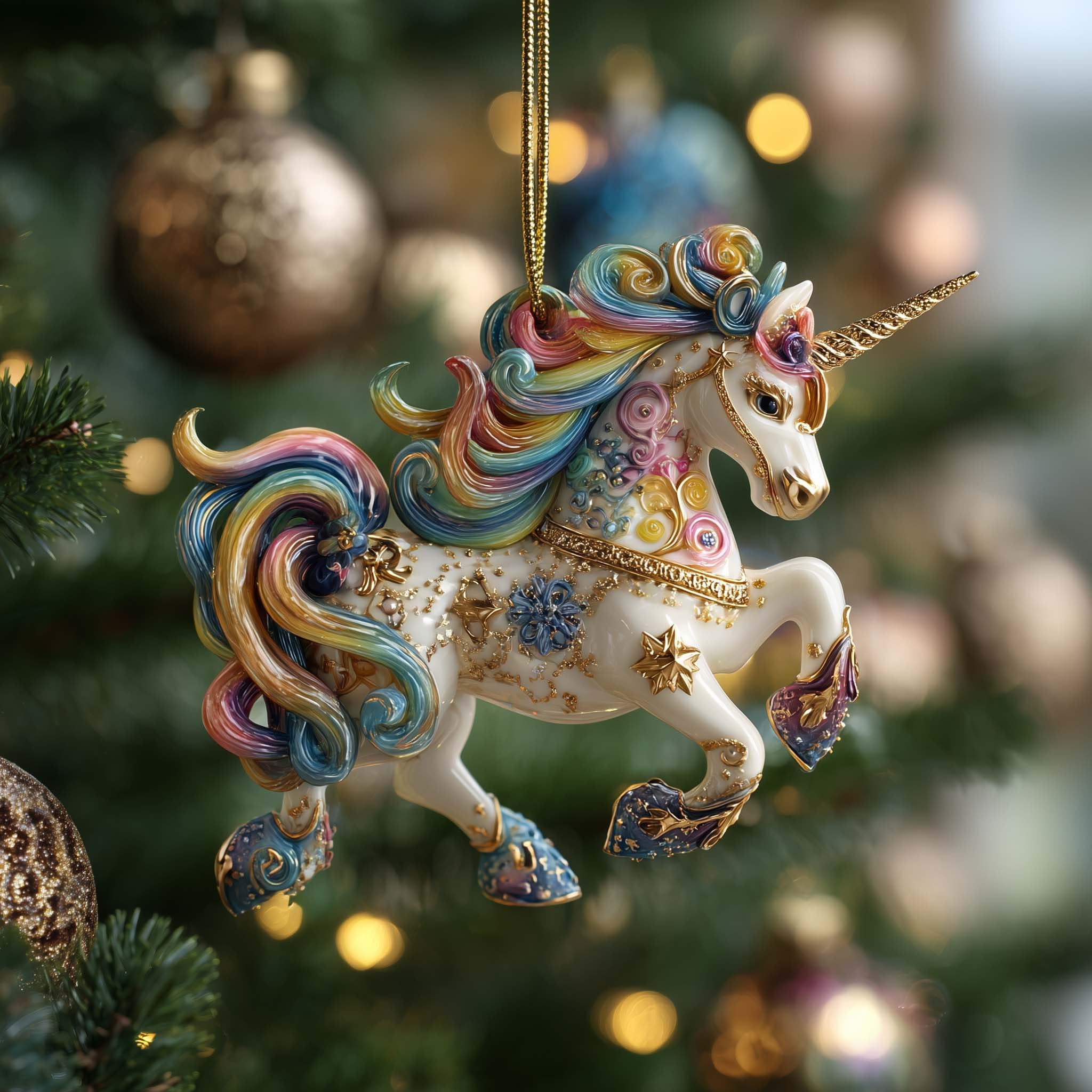 Rainbow Unicorn Portrait Christmas Ornament