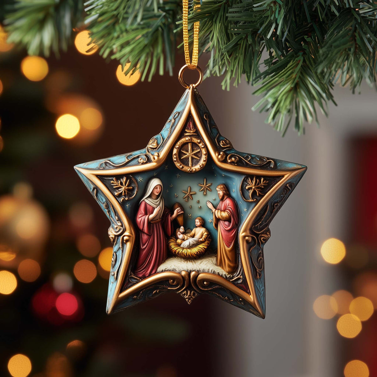 Nativity Star in Teal and Gold Christmas Ornament