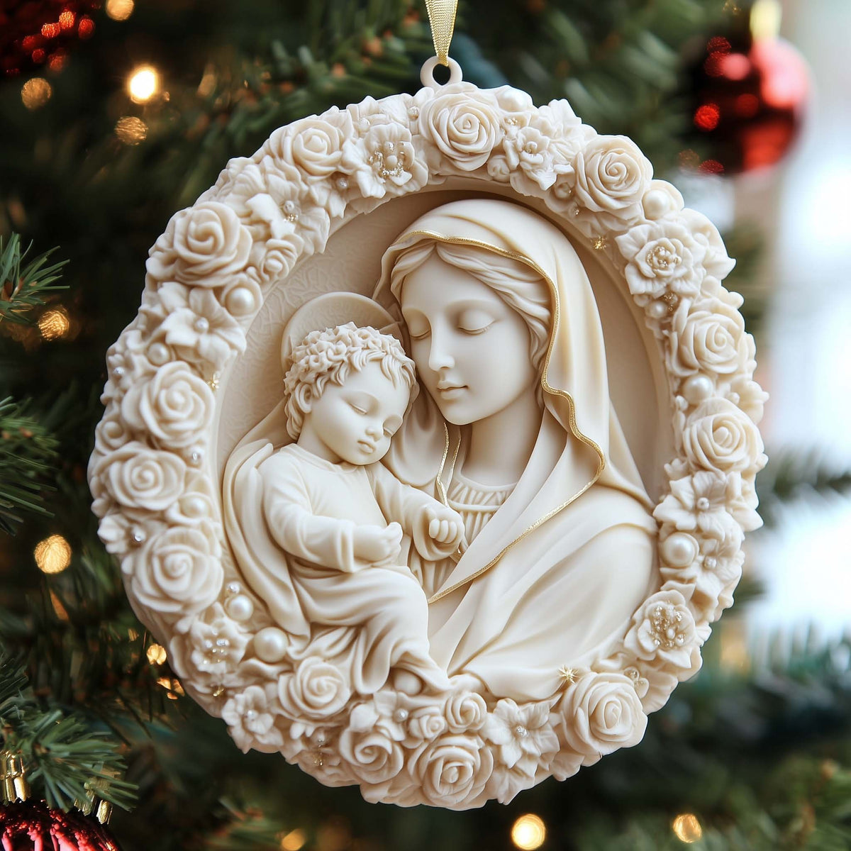 Madonna and Child Rose Cameo Christmas Ornament