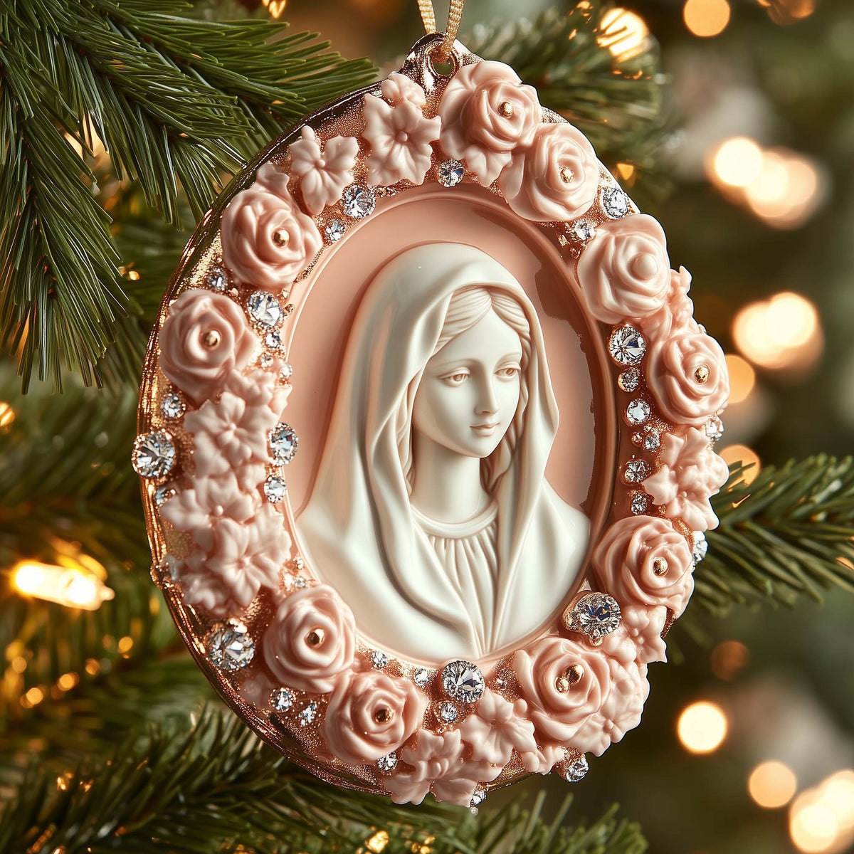 Madonna Cameo in Pink Roses Christmas Ornament