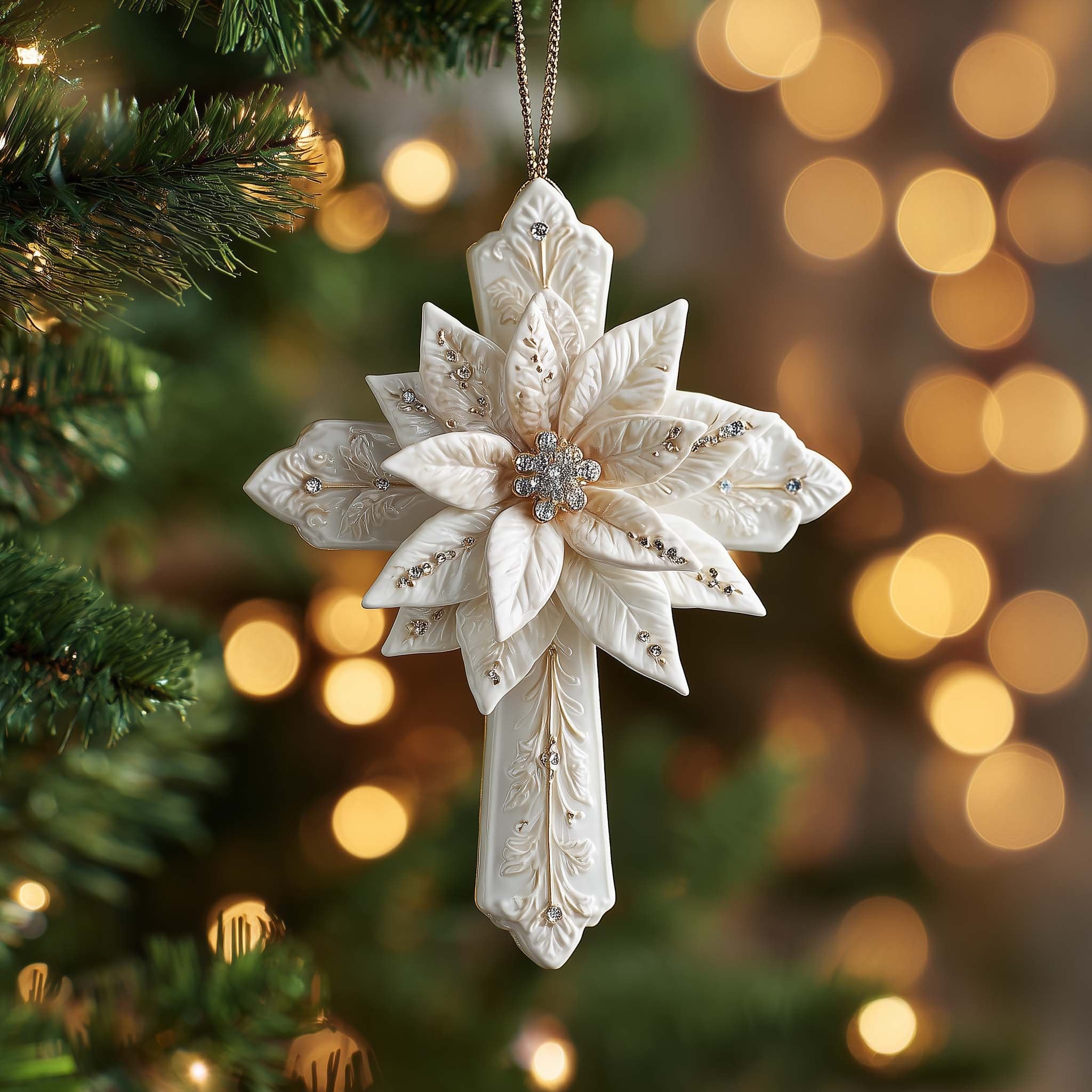 Poinsettia Cross Christmas Ornament
