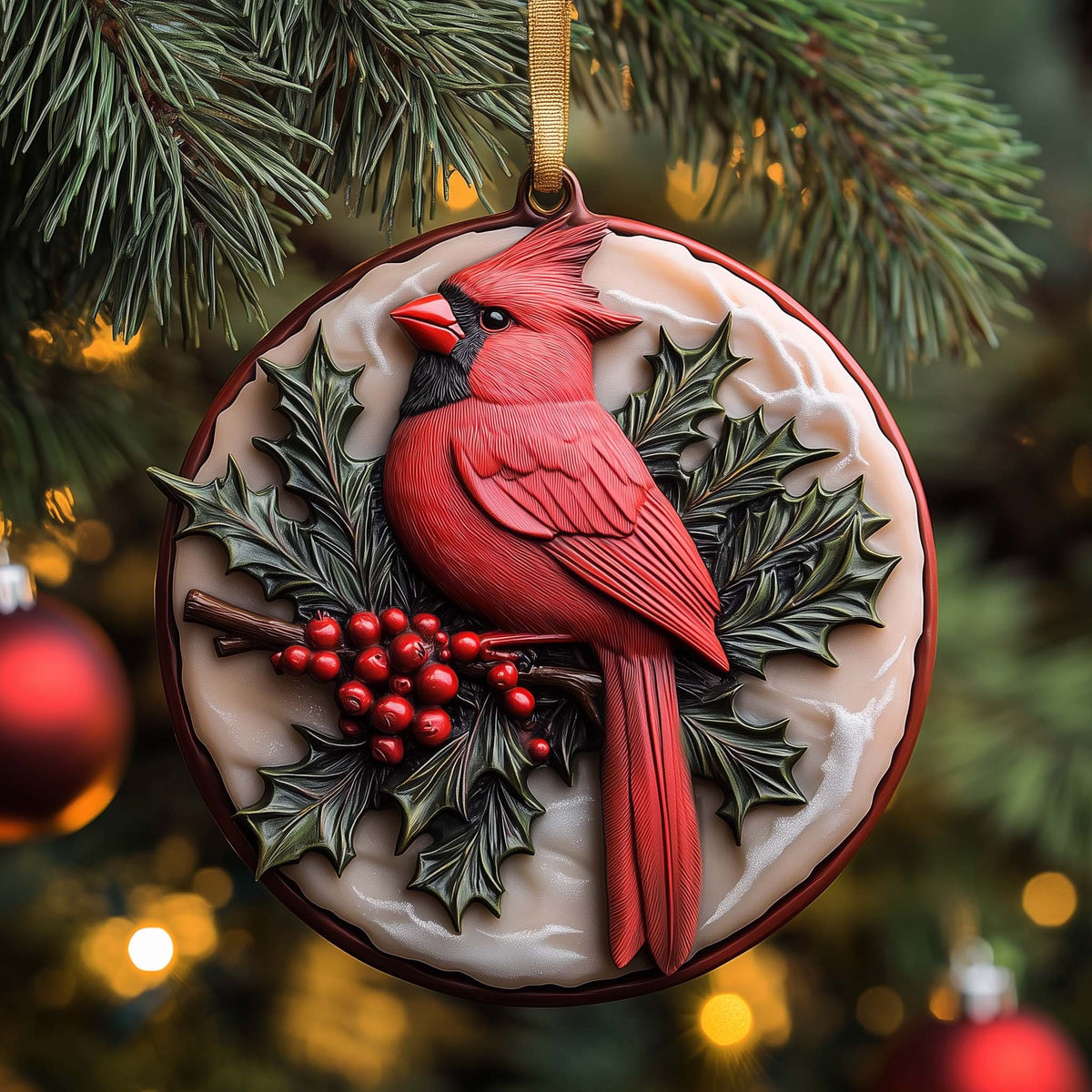Cardinal and Holly Berries Relief Christmas Ornament