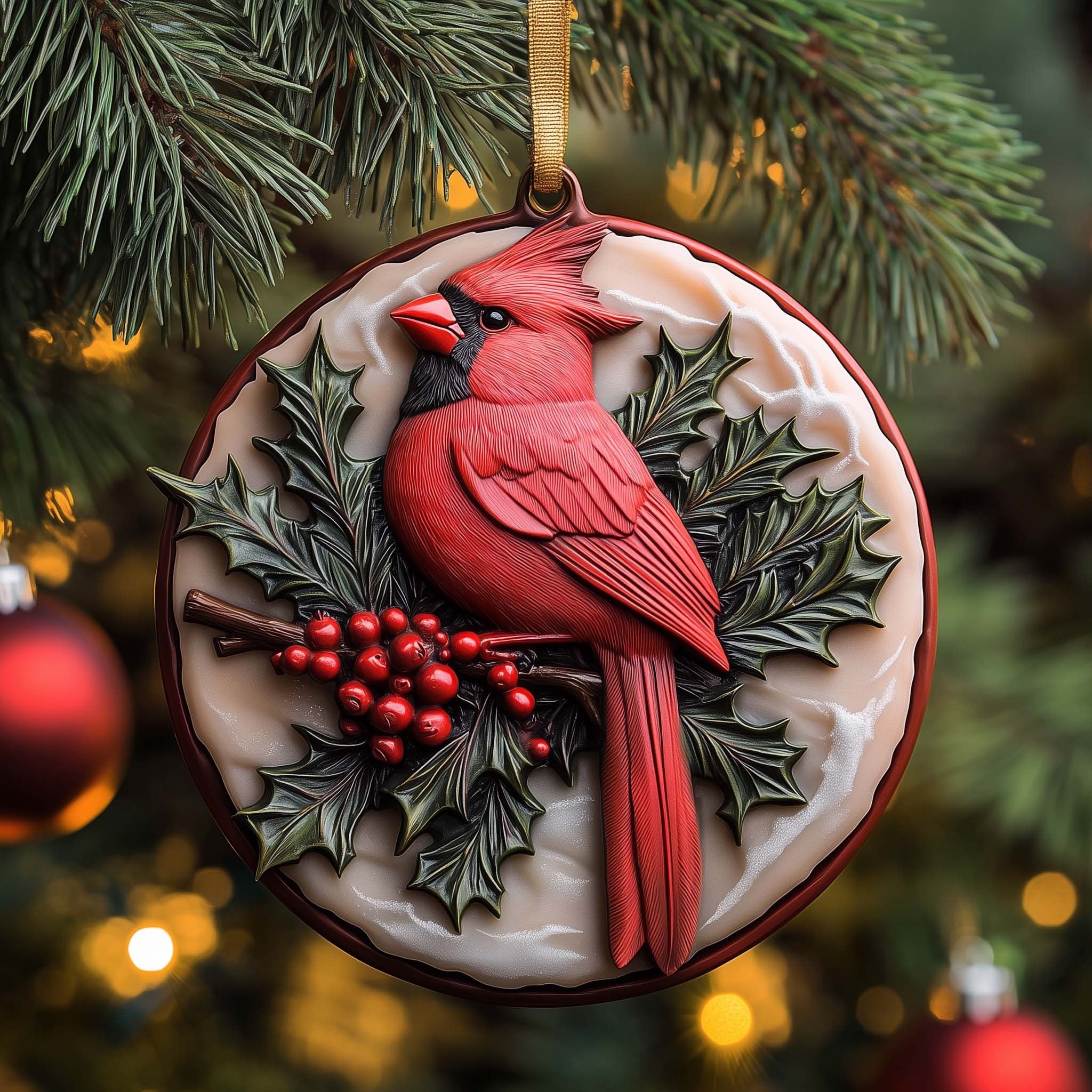 Cardinal and Holly Berries Relief Christmas Ornament