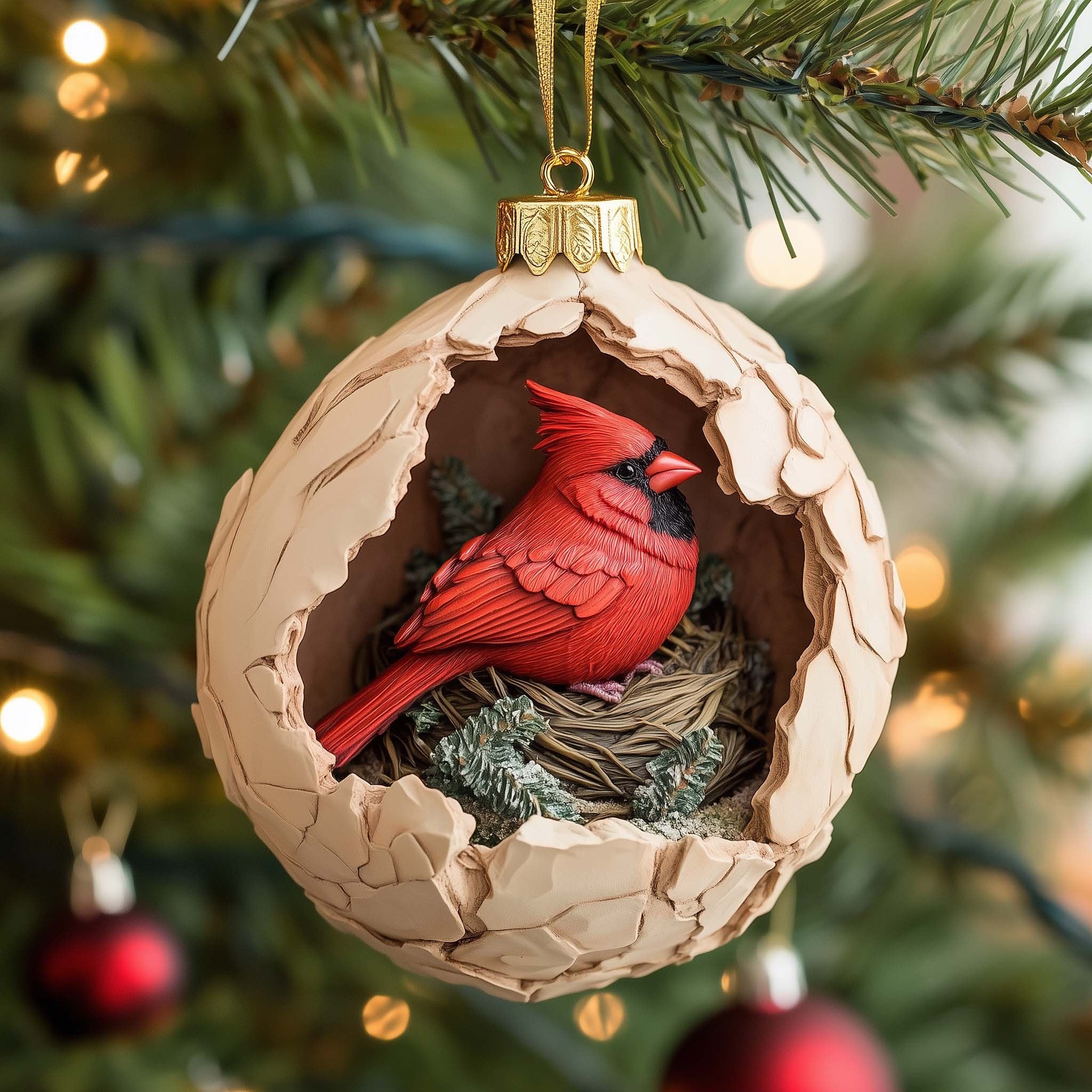 Cardinal Nesting in a Cracked Shell Christmas Ornament