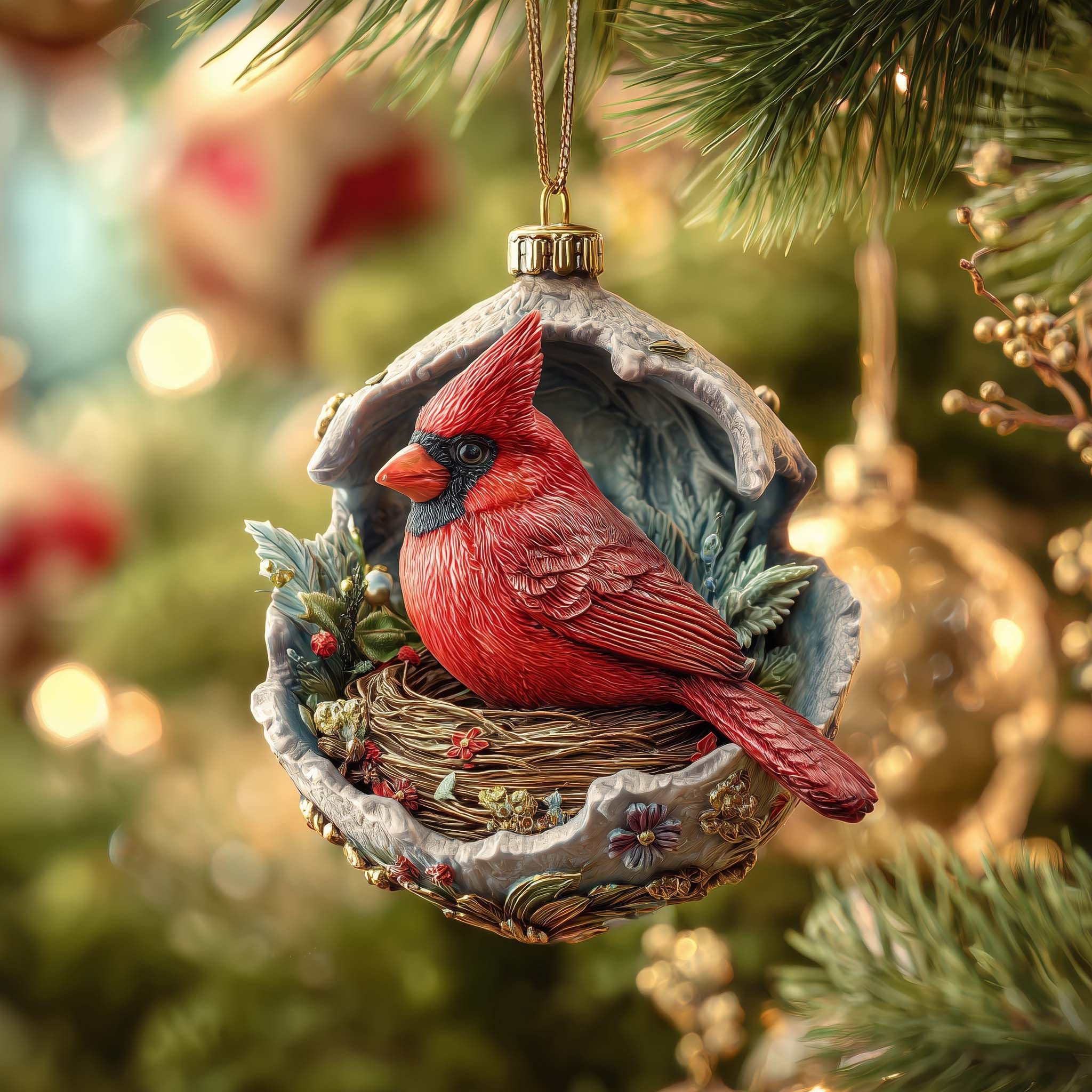 Cardinal in a Stone Nest Hollow Christmas Ornament