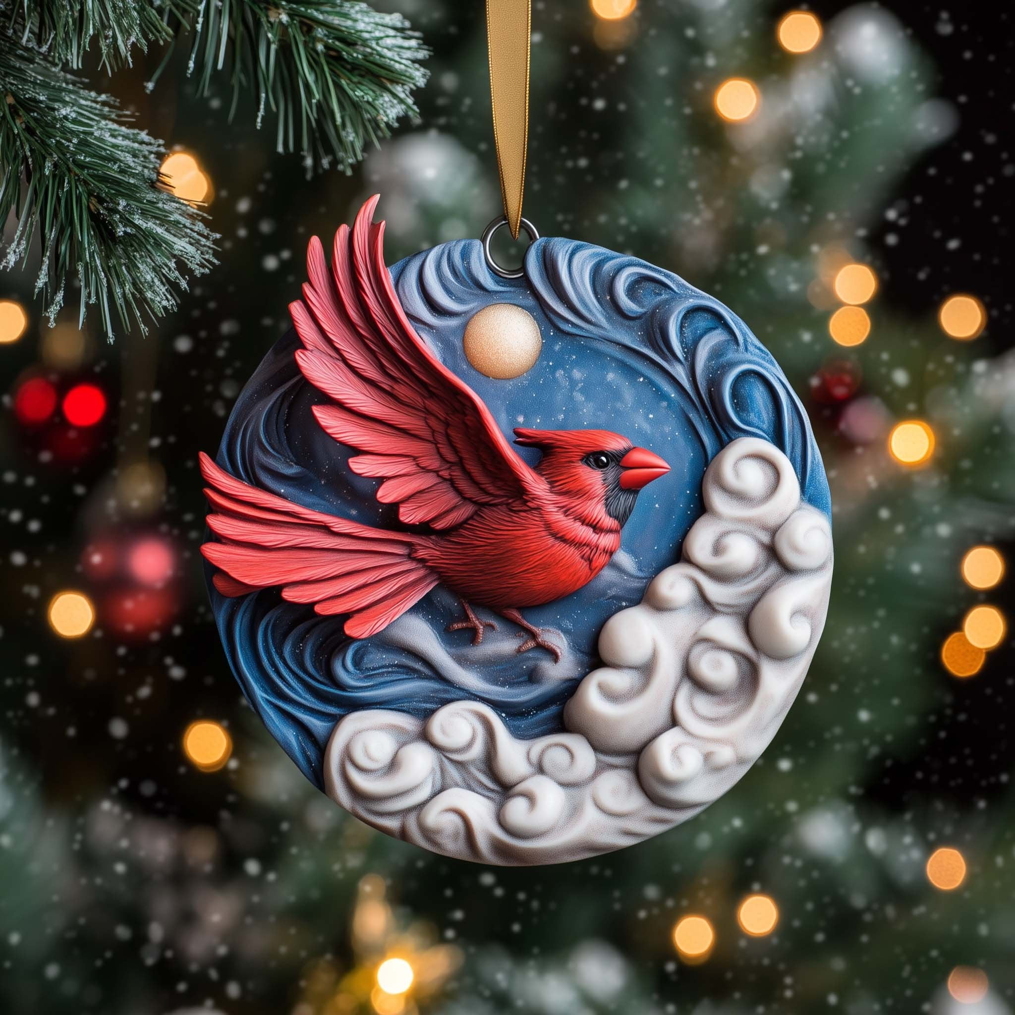 Cardinal over the Moonlit Clouds Christmas Ornament