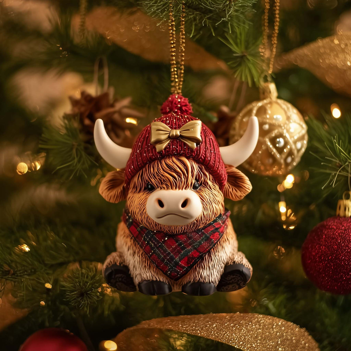 Highland Cow in a Bobble Hat Christmas Ornament