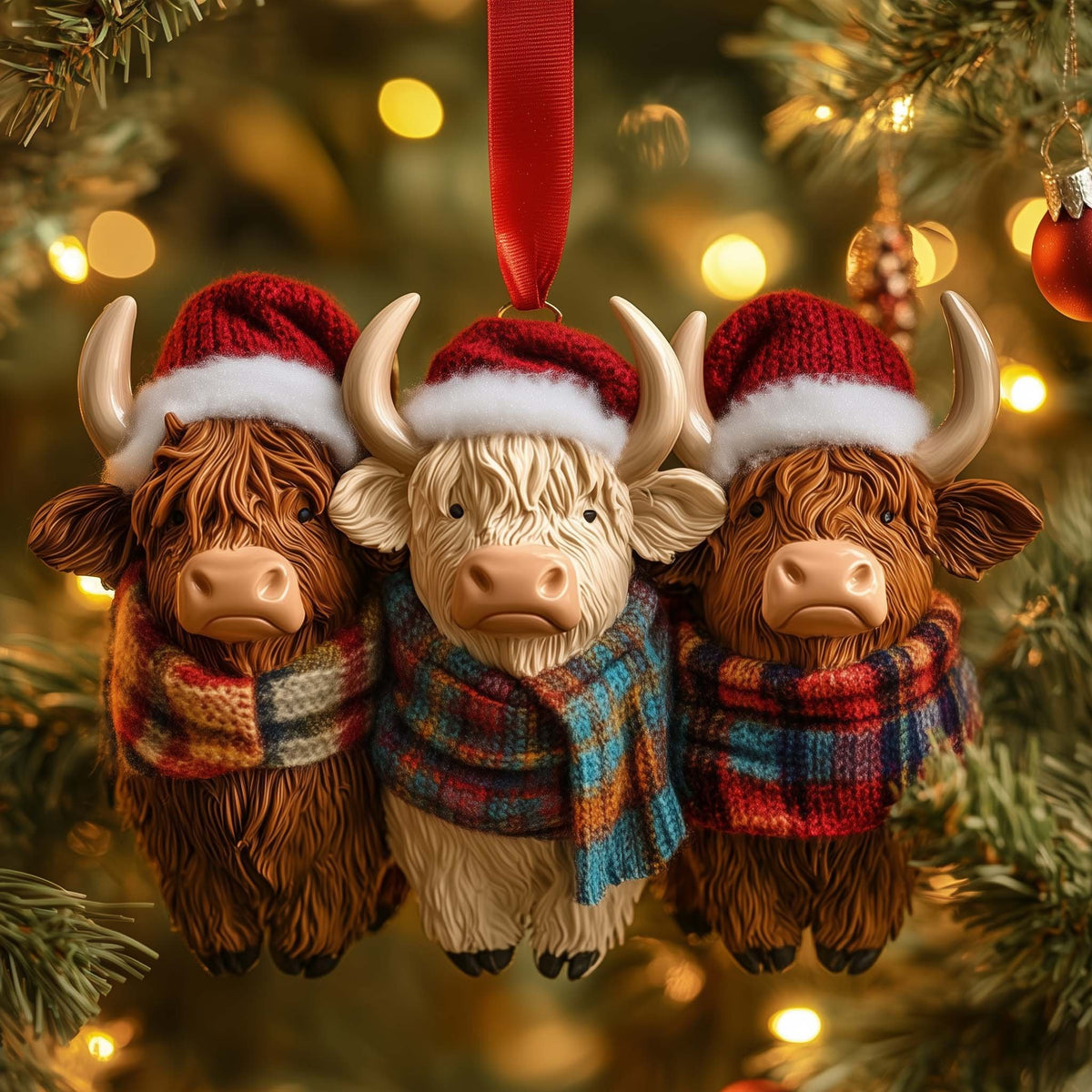 Three Highland Cows in Scarves Christmas Ornament