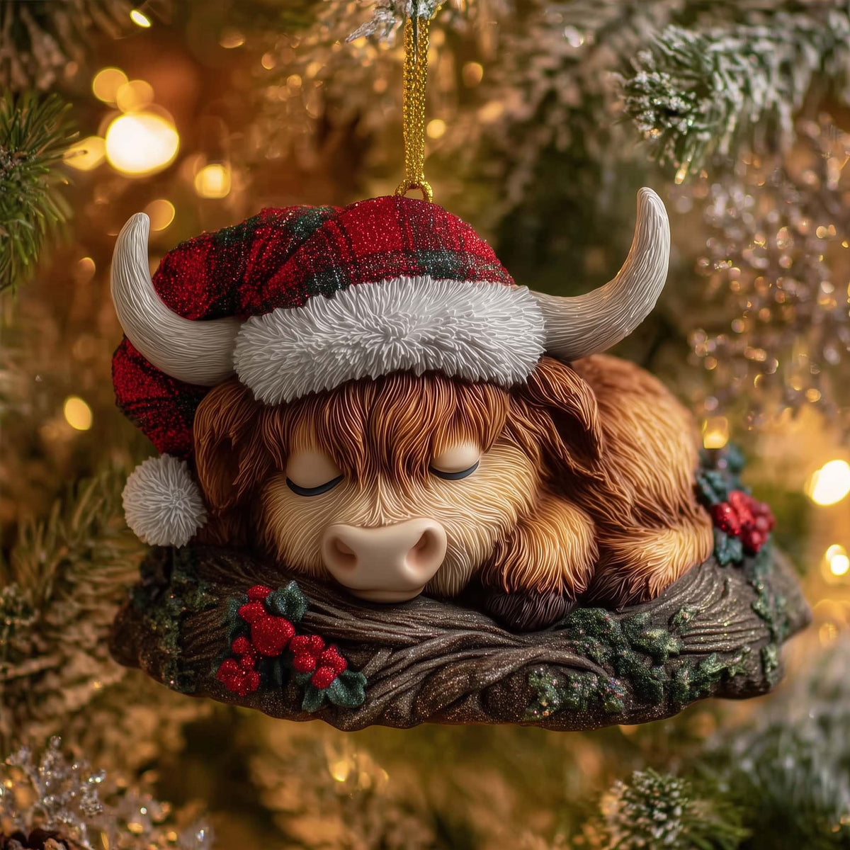 Sleeping Highland Calf in a Santa Hat Christmas Ornament