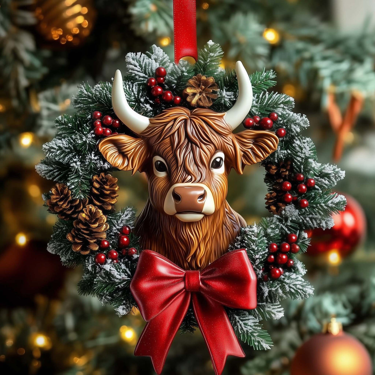 Highland Bull in a Christmas Wreath Christmas Ornament