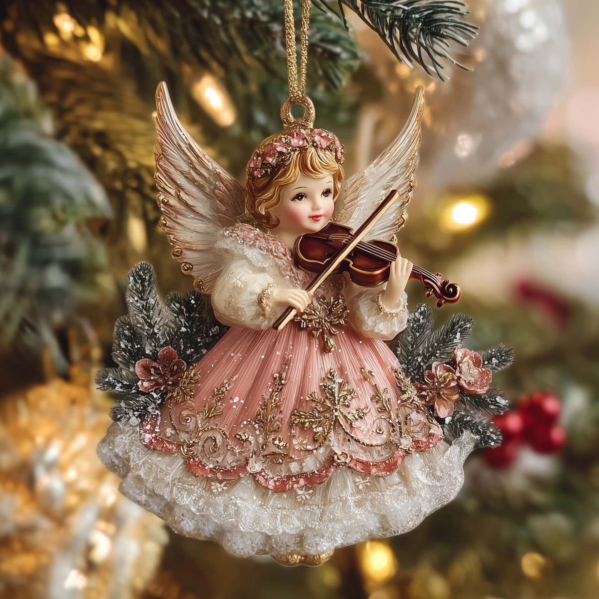 Pink Dress Angel with Violin Christmas Ornament