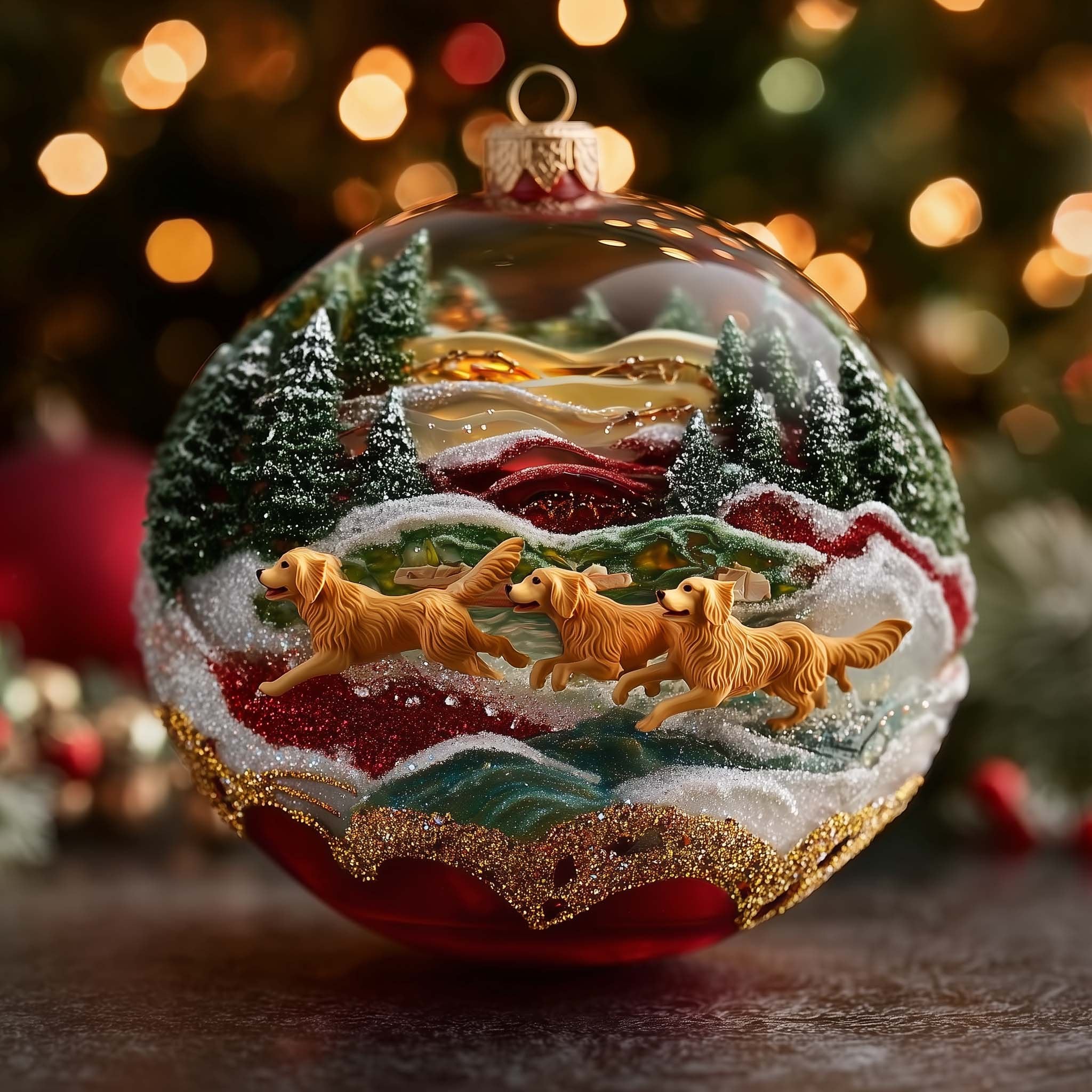 Retrievers Running in a Snow Globe Christmas Ornament