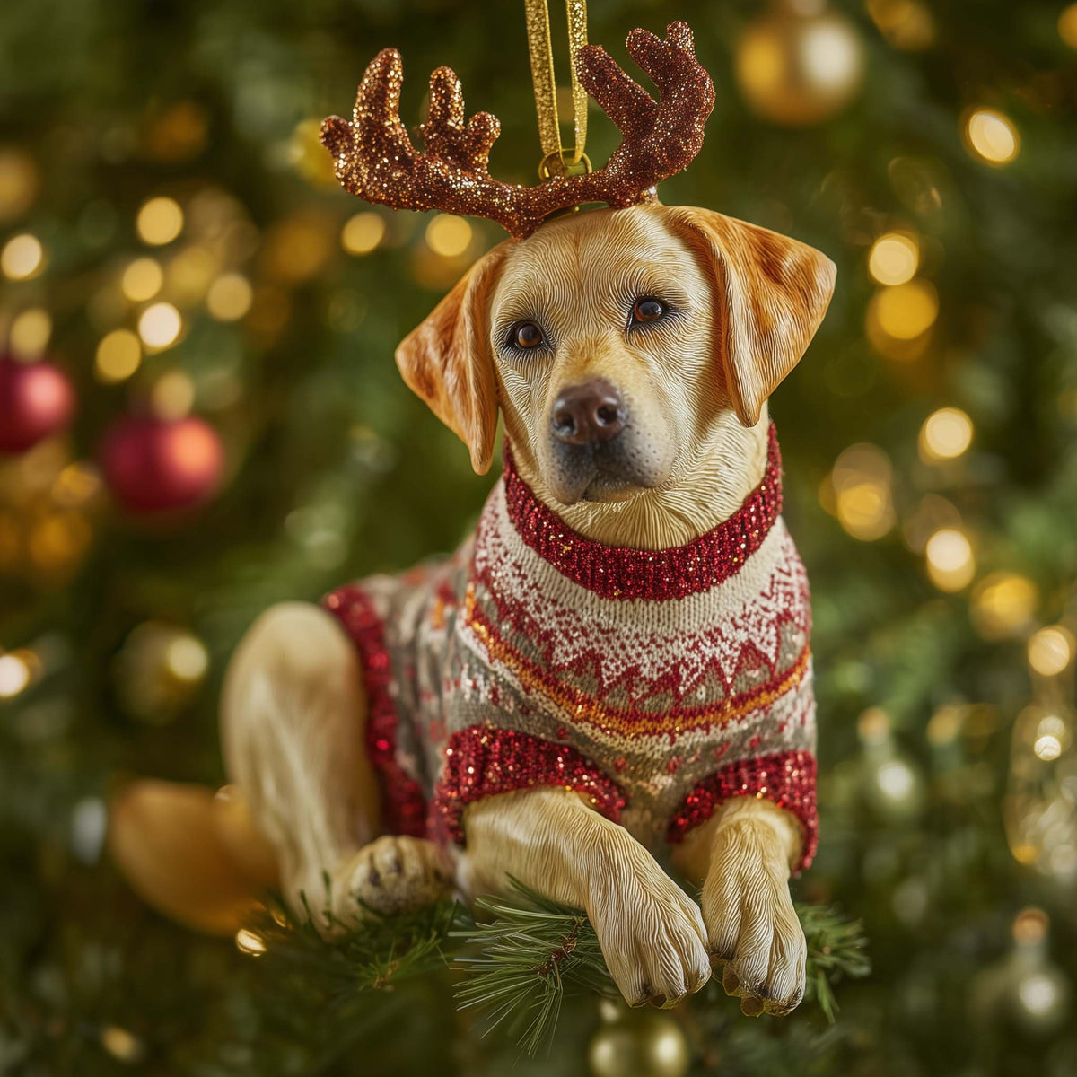 Labrador in a Reindeer Jumper Christmas Ornament