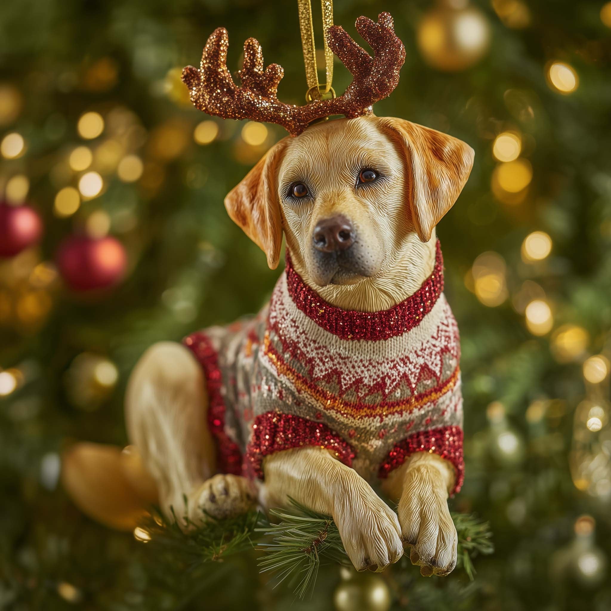 Labrador in a Reindeer Jumper Christmas Ornament