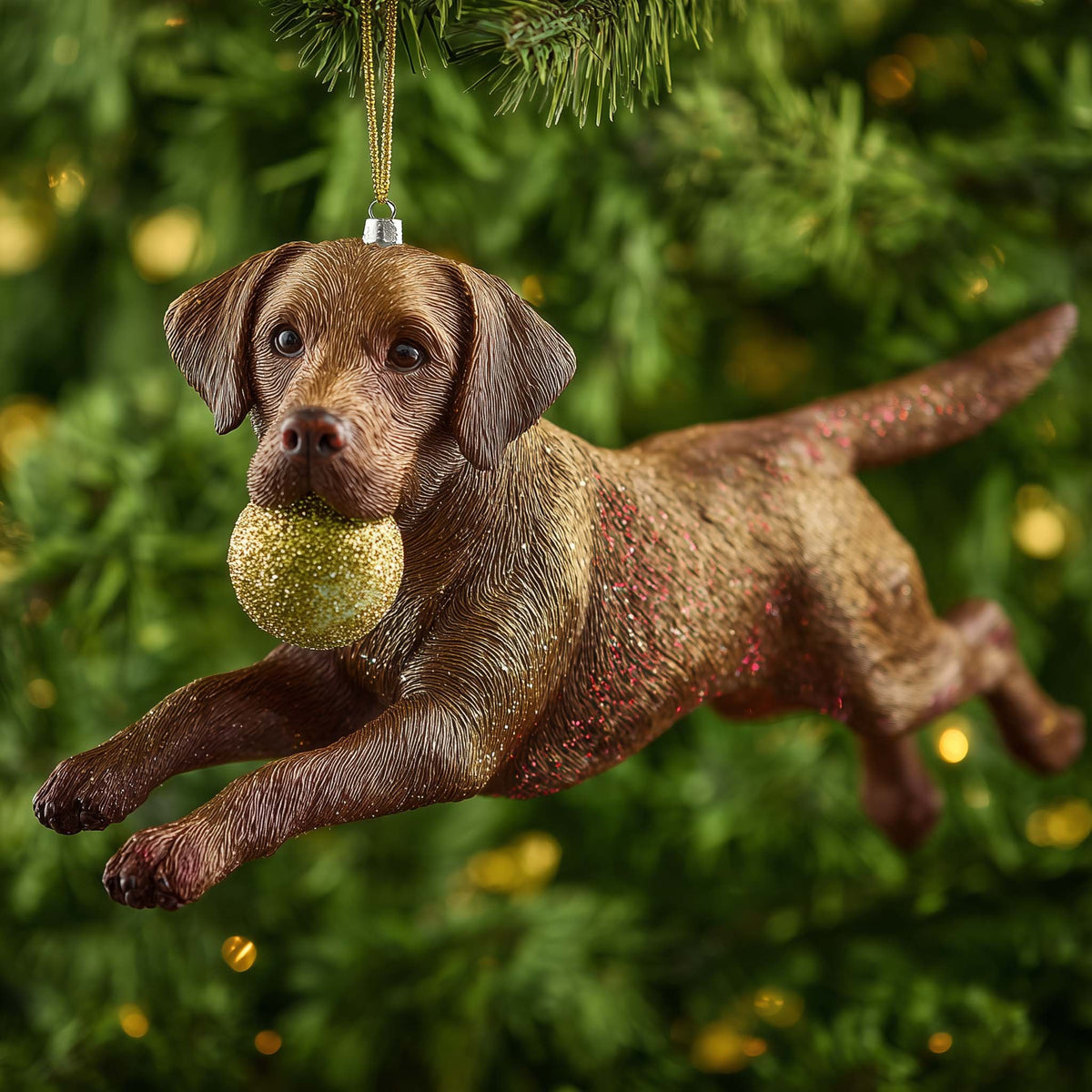 Chocolate Lab with a Gold Bauble Christmas Ornament