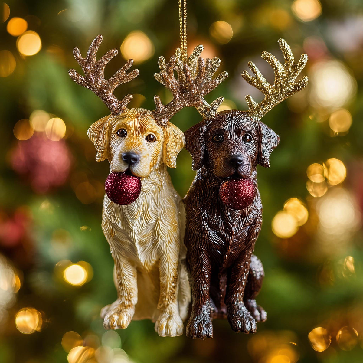 Lab Pair with Antlers and Baubles Christmas Ornament