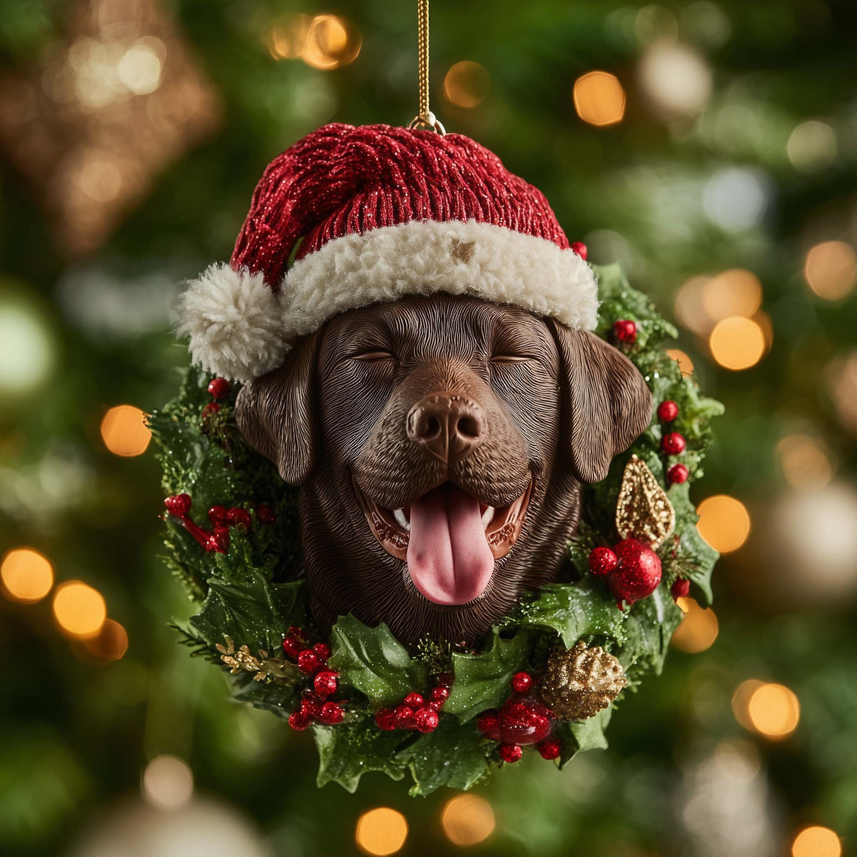 Chocolate Lab in a Holly Wreath Christmas Ornament