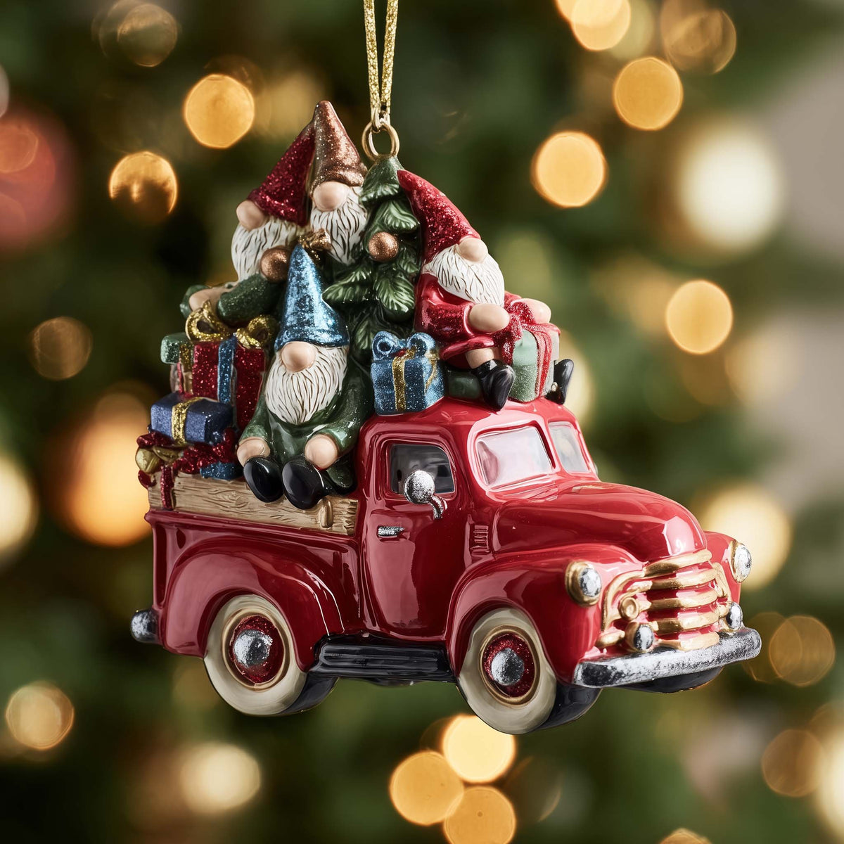 Red Truck with Gnomes and Gifts Christmas Ornament