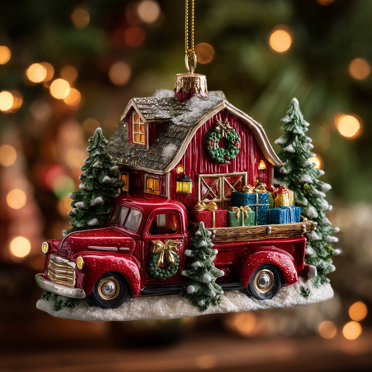 Red Barn Truck with Presents Christmas Ornament