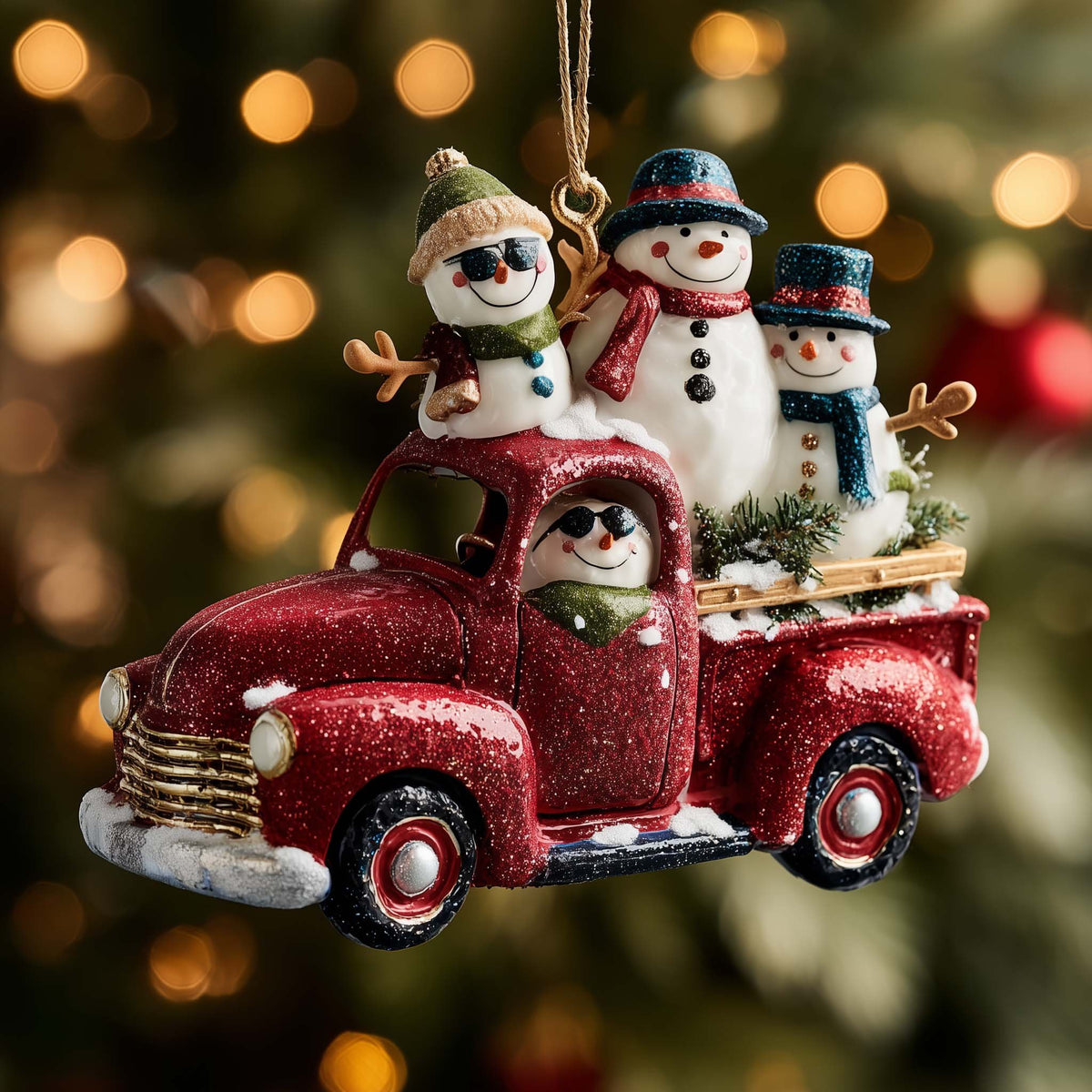 Red Truck Full of Snowmen Christmas Ornament