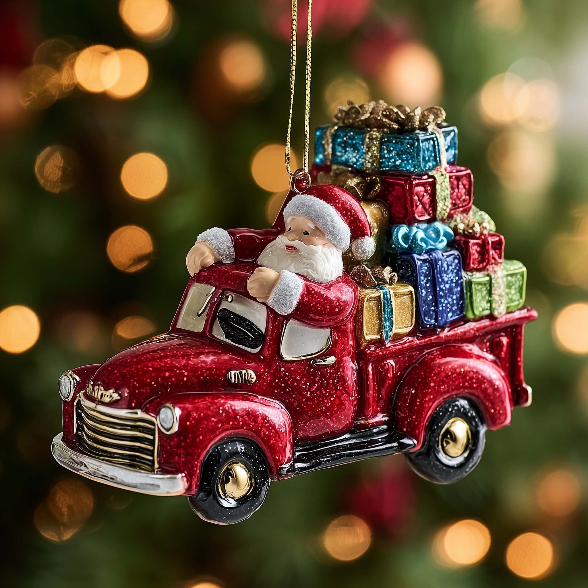 Santa's Red Pickup with Presents Christmas Ornament
