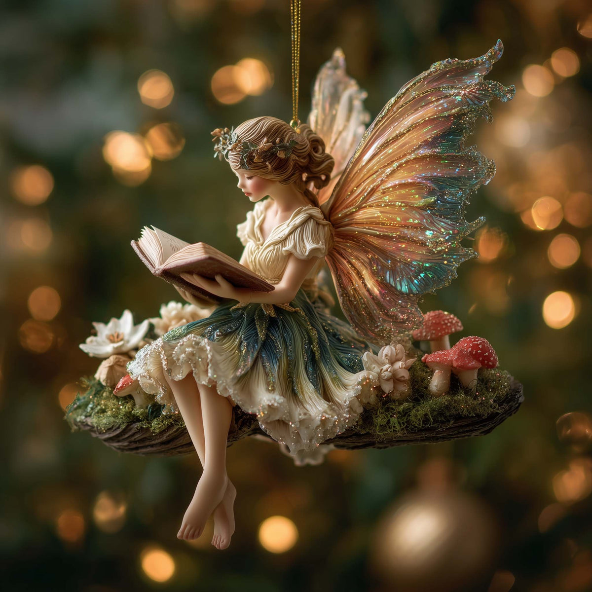 Fairy Reading on a Mossy Perch Christmas Ornament